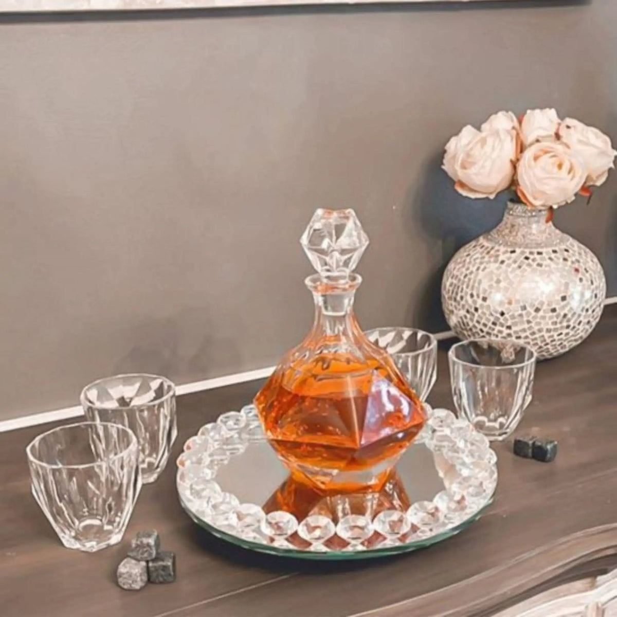 Decanter Set | Diamond Cut Glass | With Four Glasses | Luxury Barware