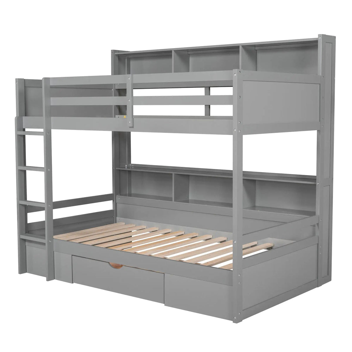Wooden Twin Bunk Bed | Built-In Shelves | Storage Drawer