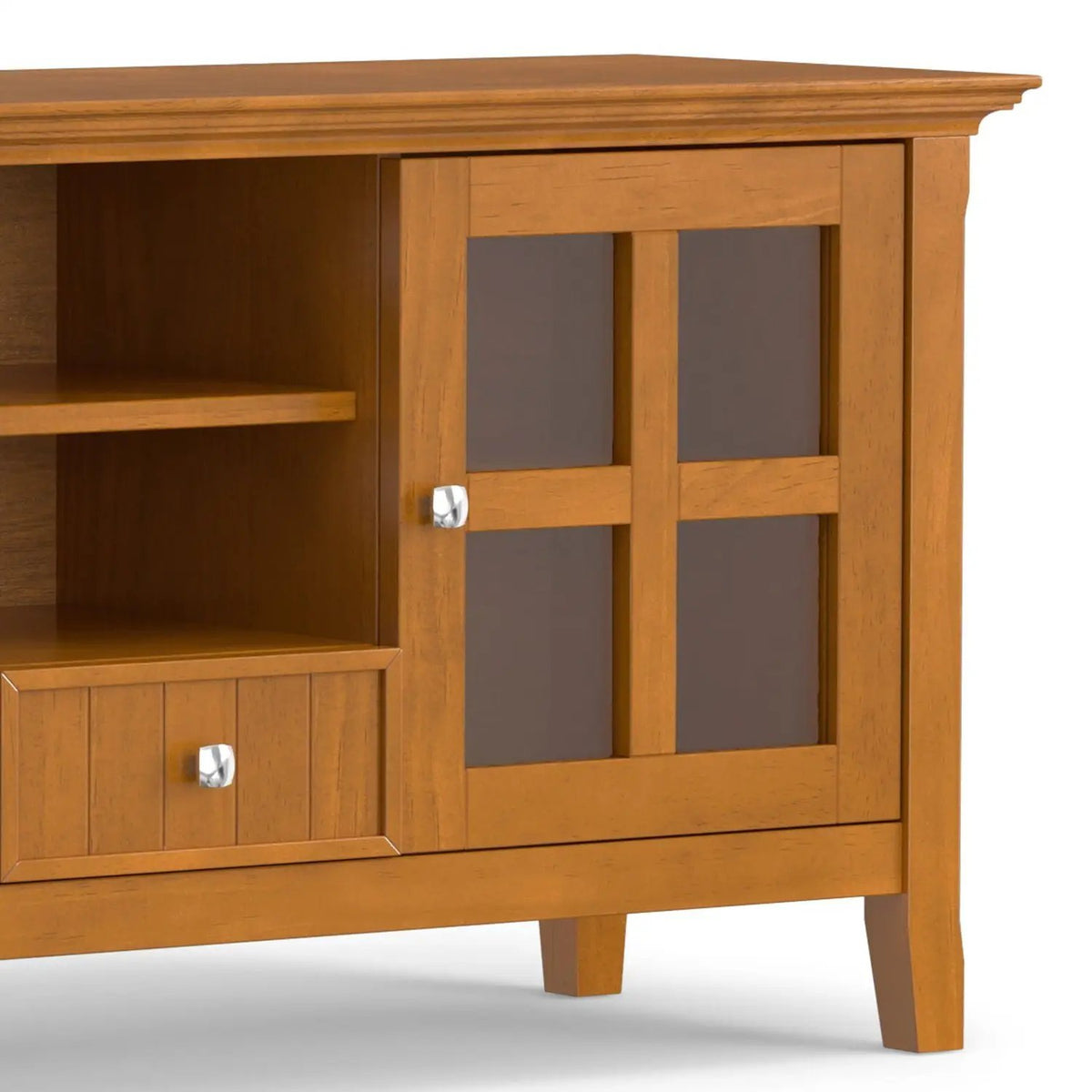 Acadian TV Media Stand | Handcrafted Solid Wood | 2 Bottom Drawers | Tempered Glass Side Cabinets