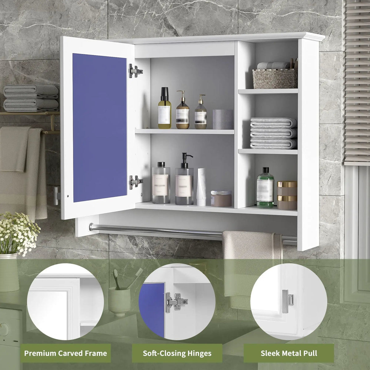 Wall Mounted Mirror Cabinet | Soft Close Door | Adjustable Shelf | Towel Bar