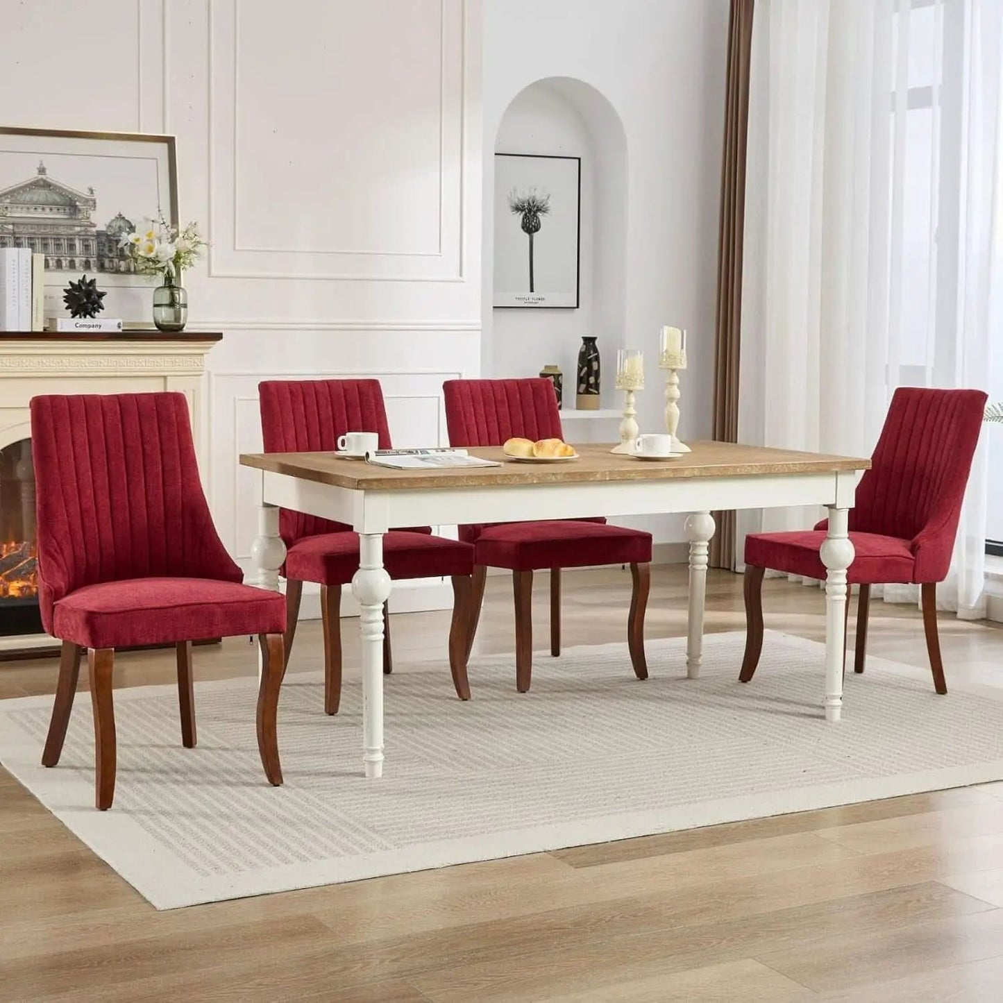 Velvet Dining Chairs Wine Red Channel Tufted Wood Legs from PriceLows™
