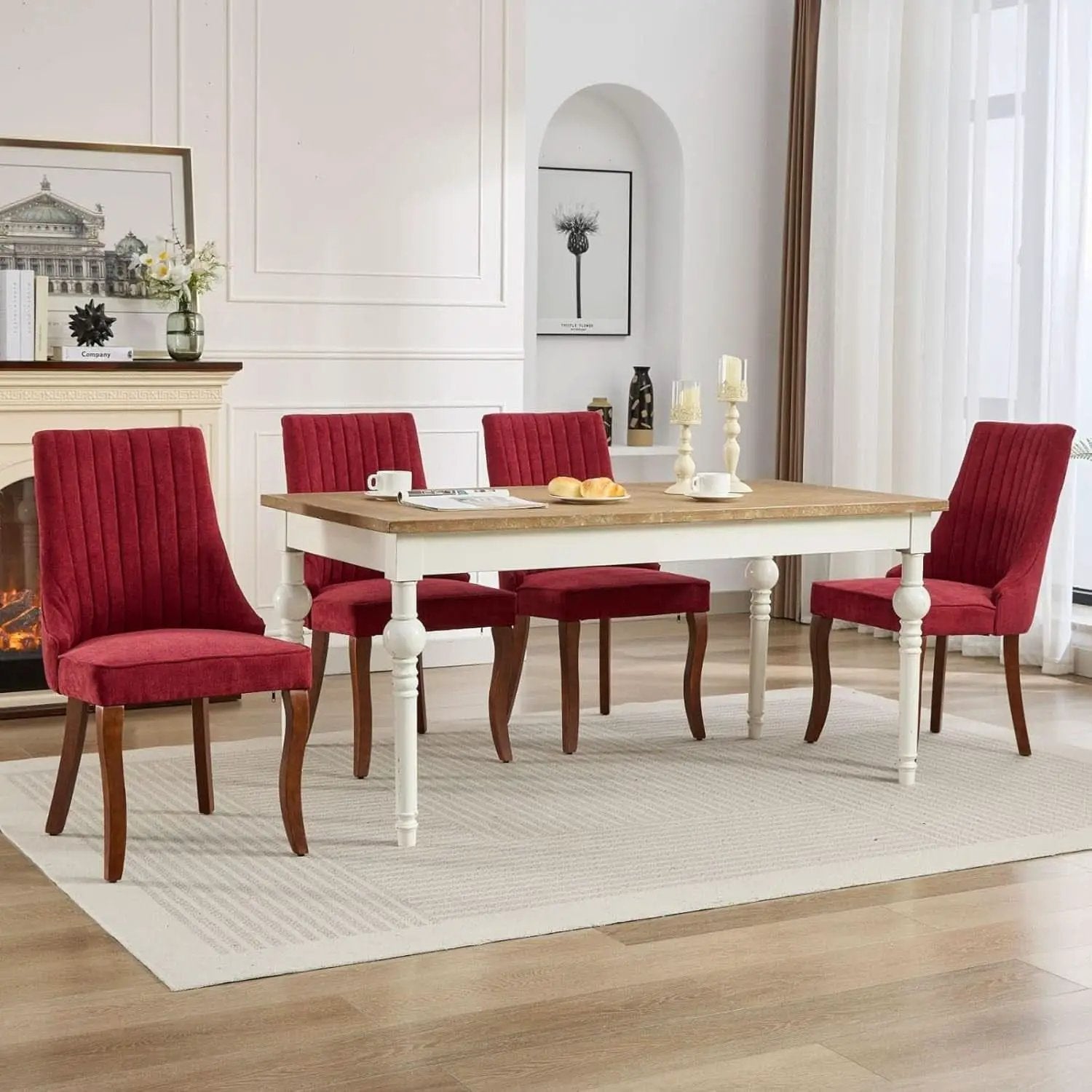 Velvet Dining Chairs Wine Red Channel Tufted Wood Legs from PriceLows™