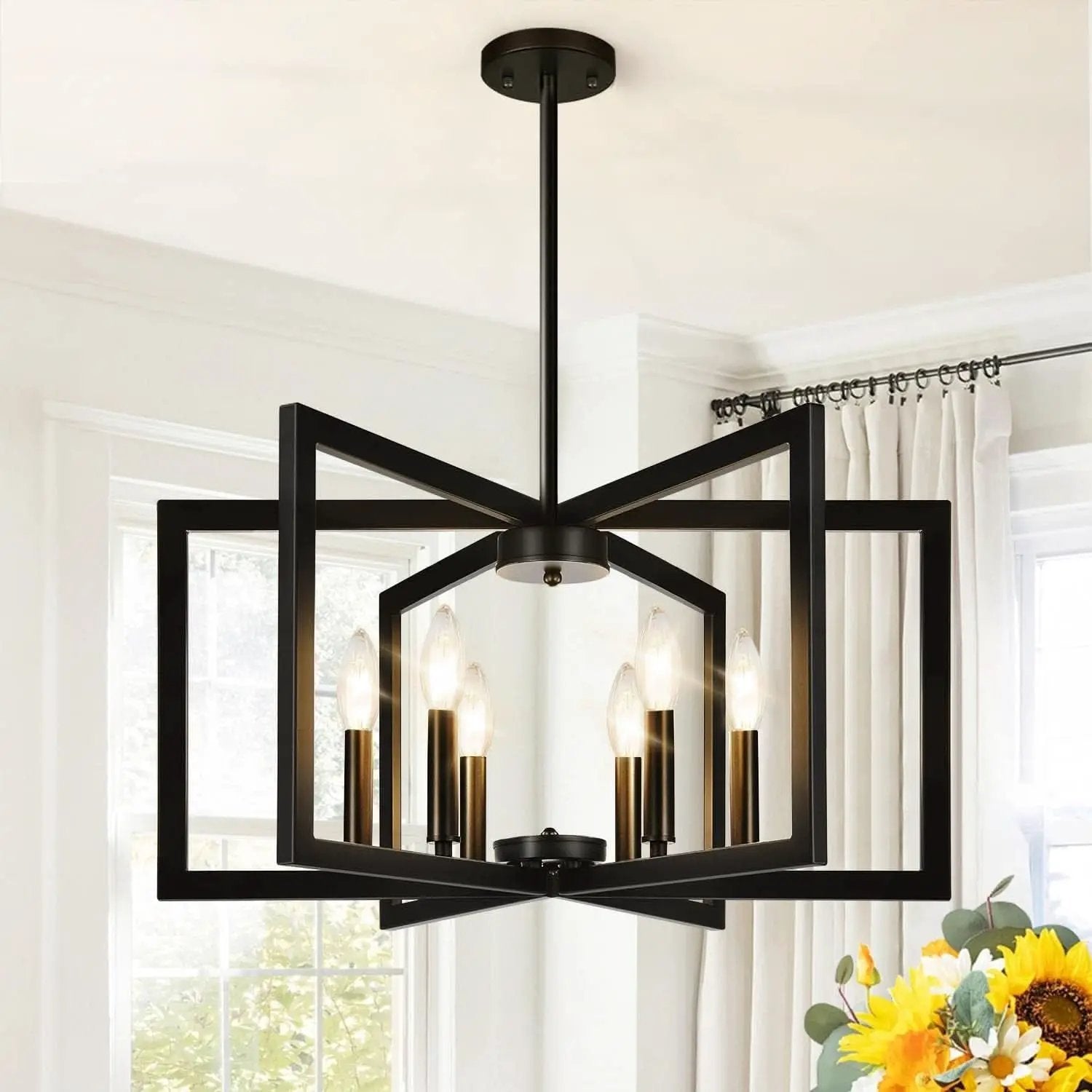 Black 6 Light Chandelier 25 Inch Geometric Square Frame from PriceLows™
