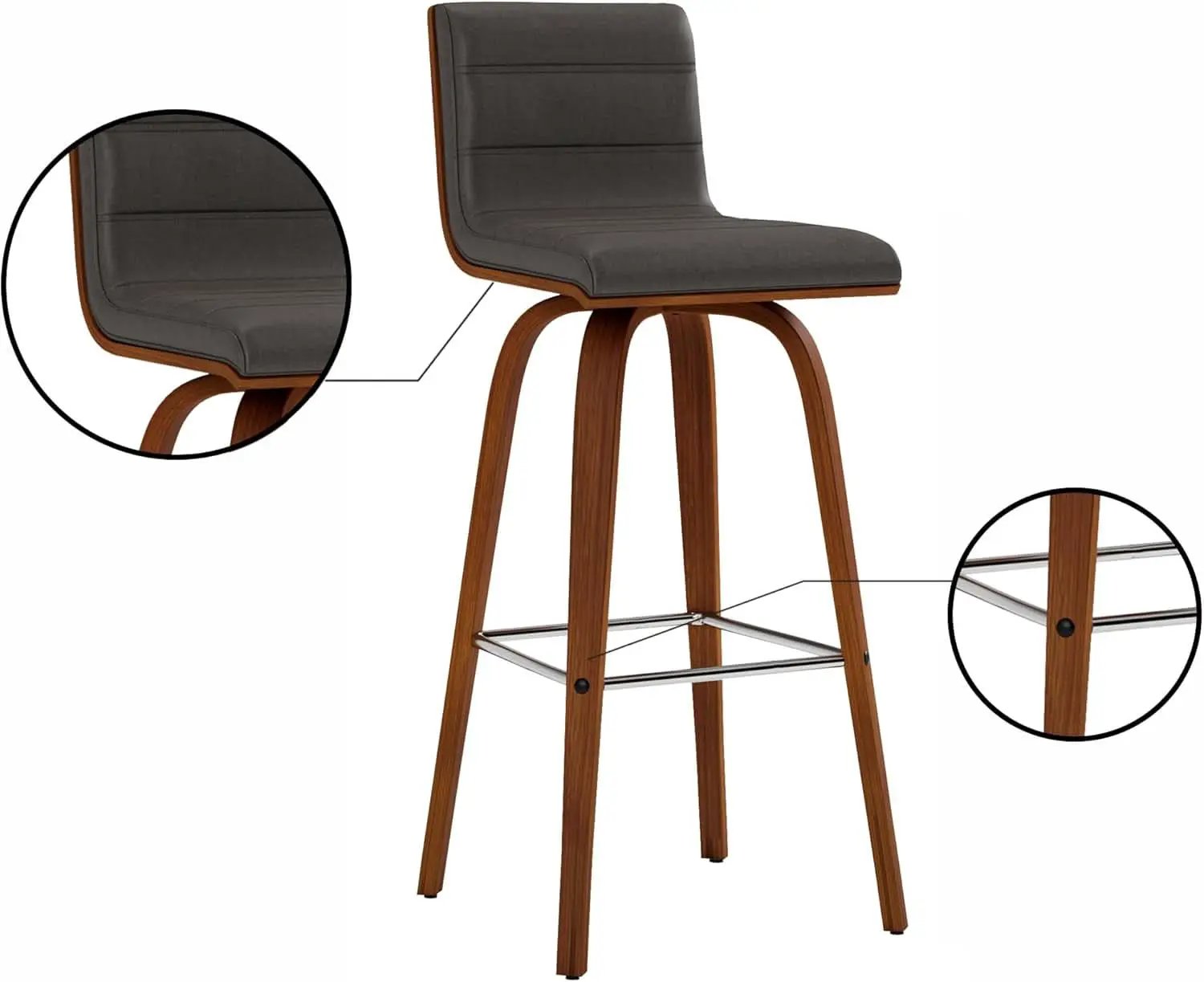 Mid-Century Modern Barstool Grey Faux Leather Wood Finish from PriceLows™
