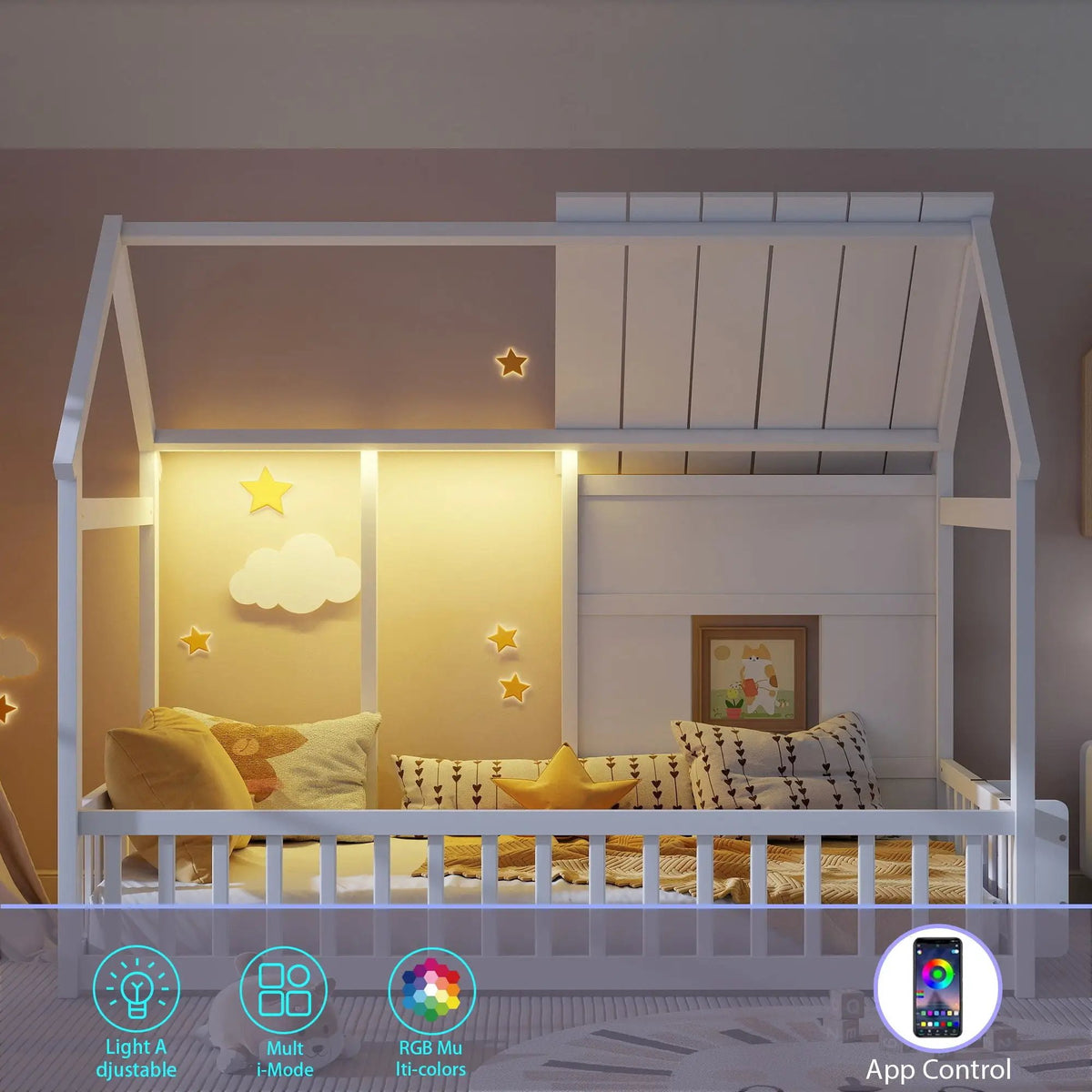 House Floor Bed | 7 Color LED Lights | Built In Bookshelf