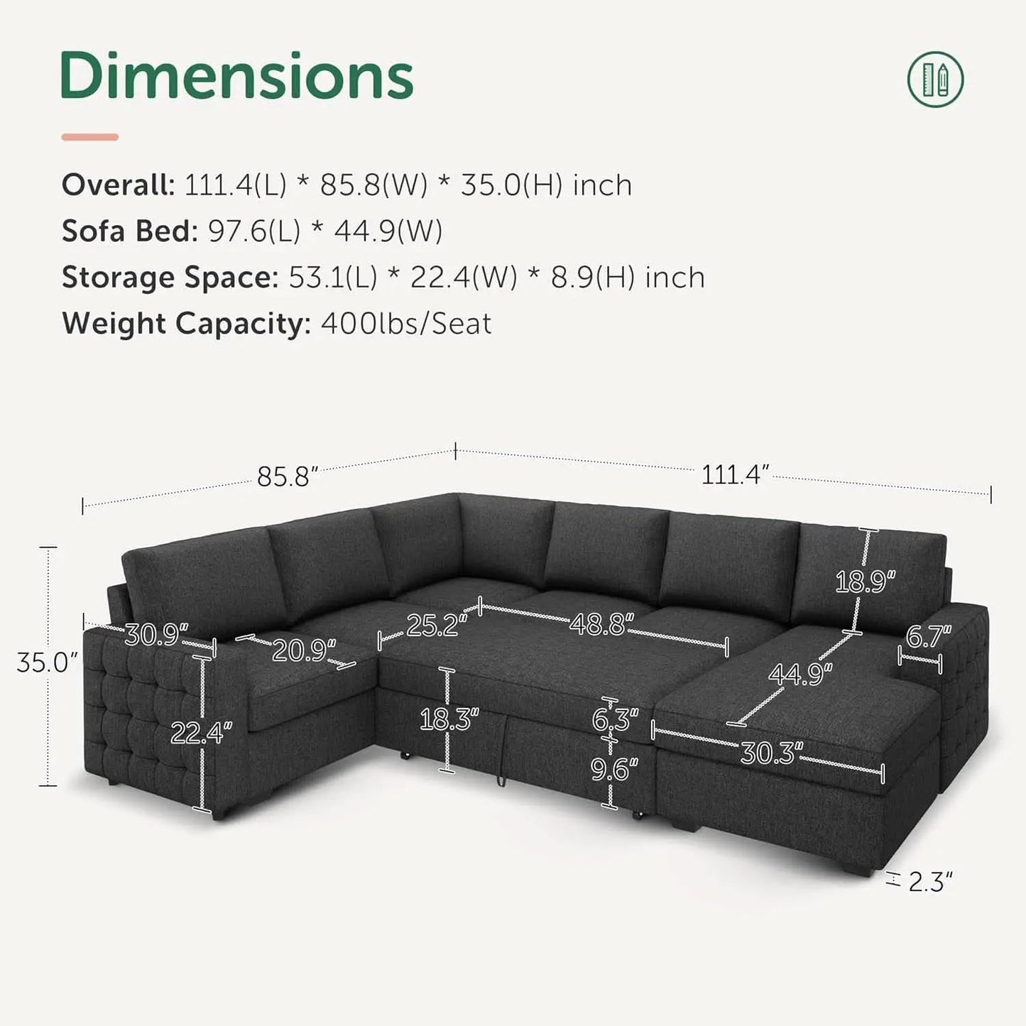 Dark Grey Sectional Sleeper Sofa With Pull Out Bed from PriceLows™