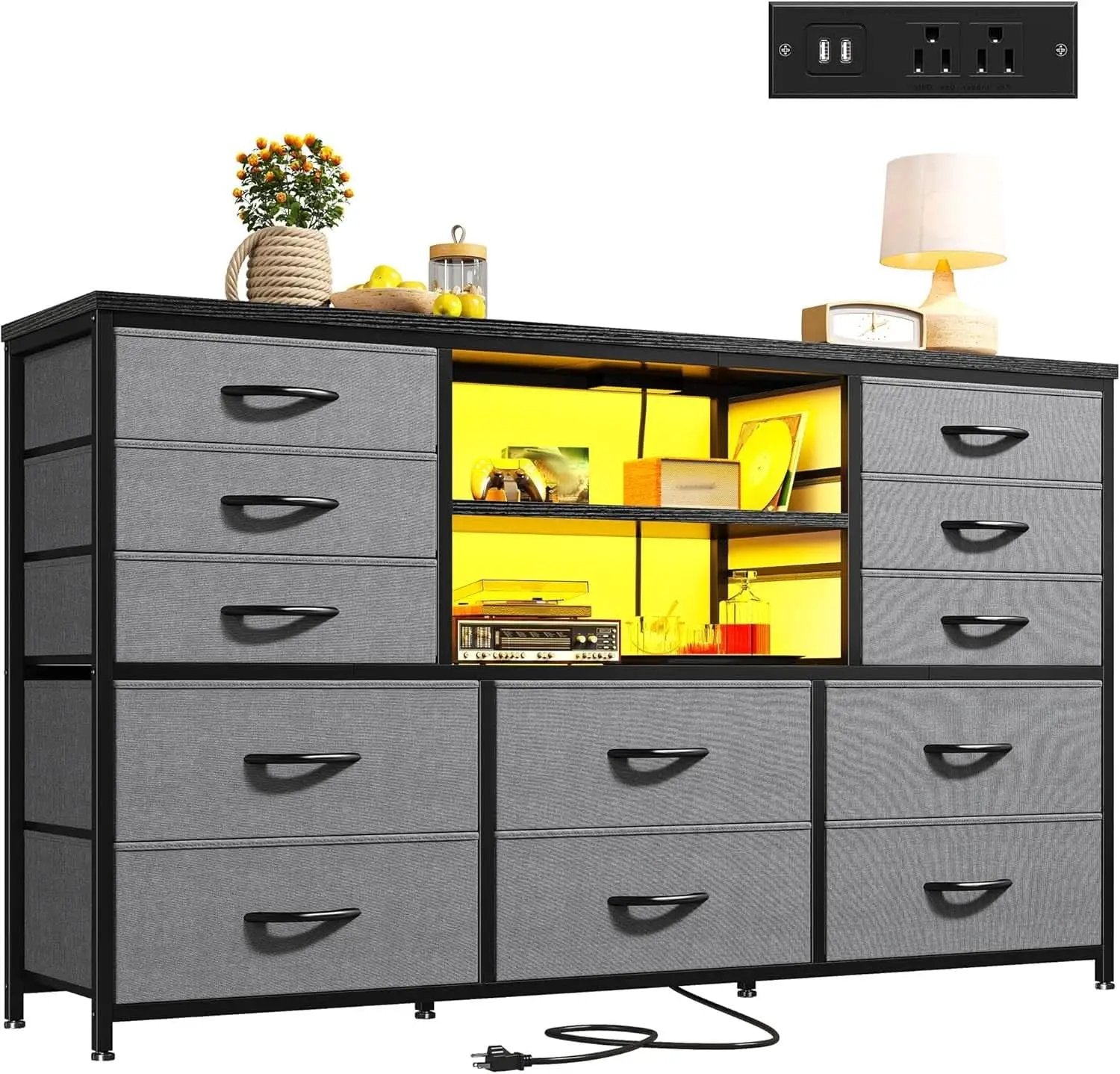 12 Drawer Long Dresser With LED Lights And Built In Power Outlet For Bedroom Storage from PriceLows™