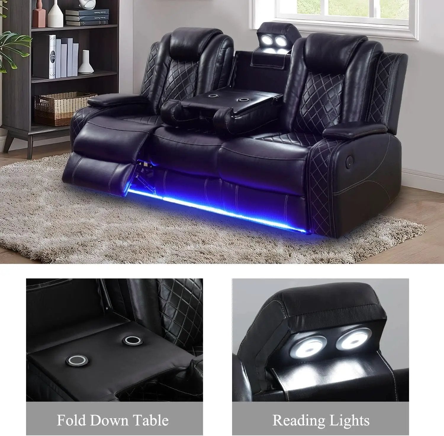 Leather Power Recliner Sofa Set With LED USB Ports Black from PriceLows™