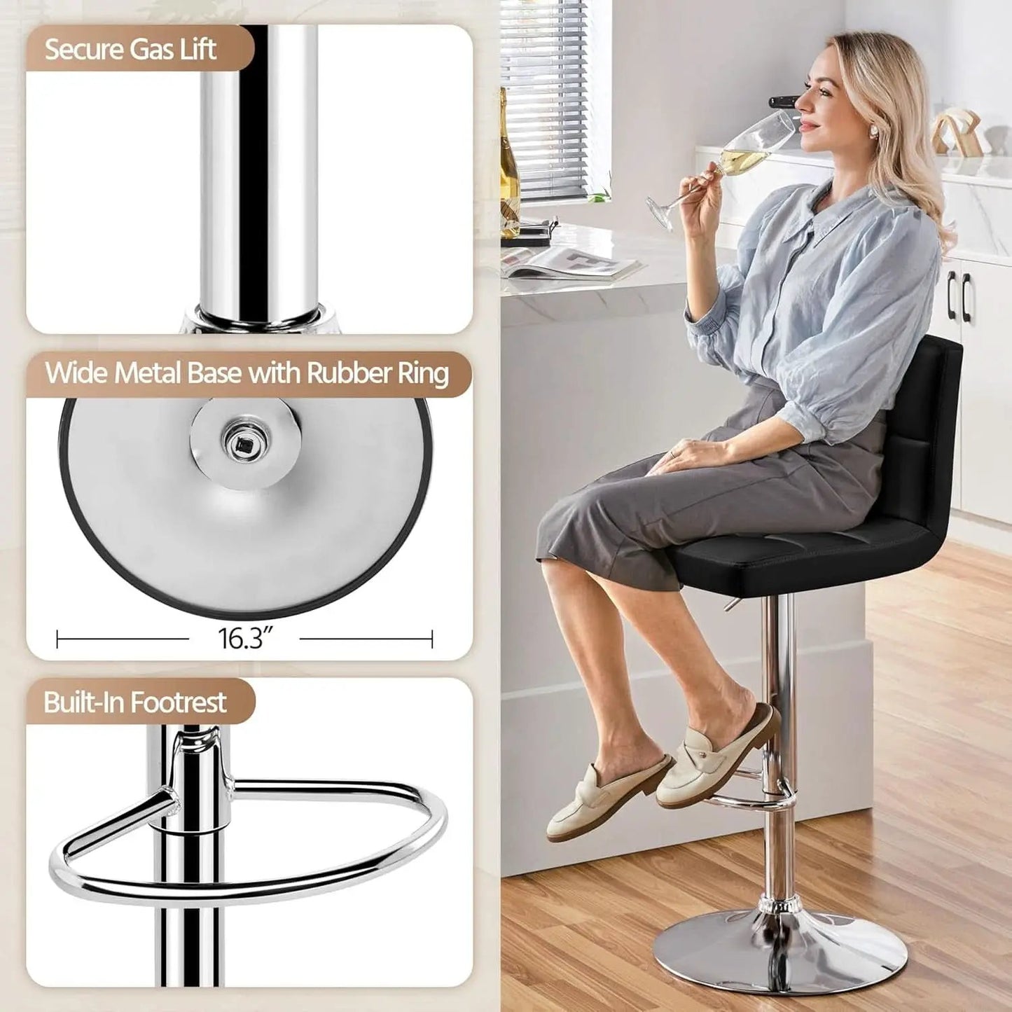 Set Of 2 Adjustable Black PU Leather Swivel Bar Stools from PriceLows™