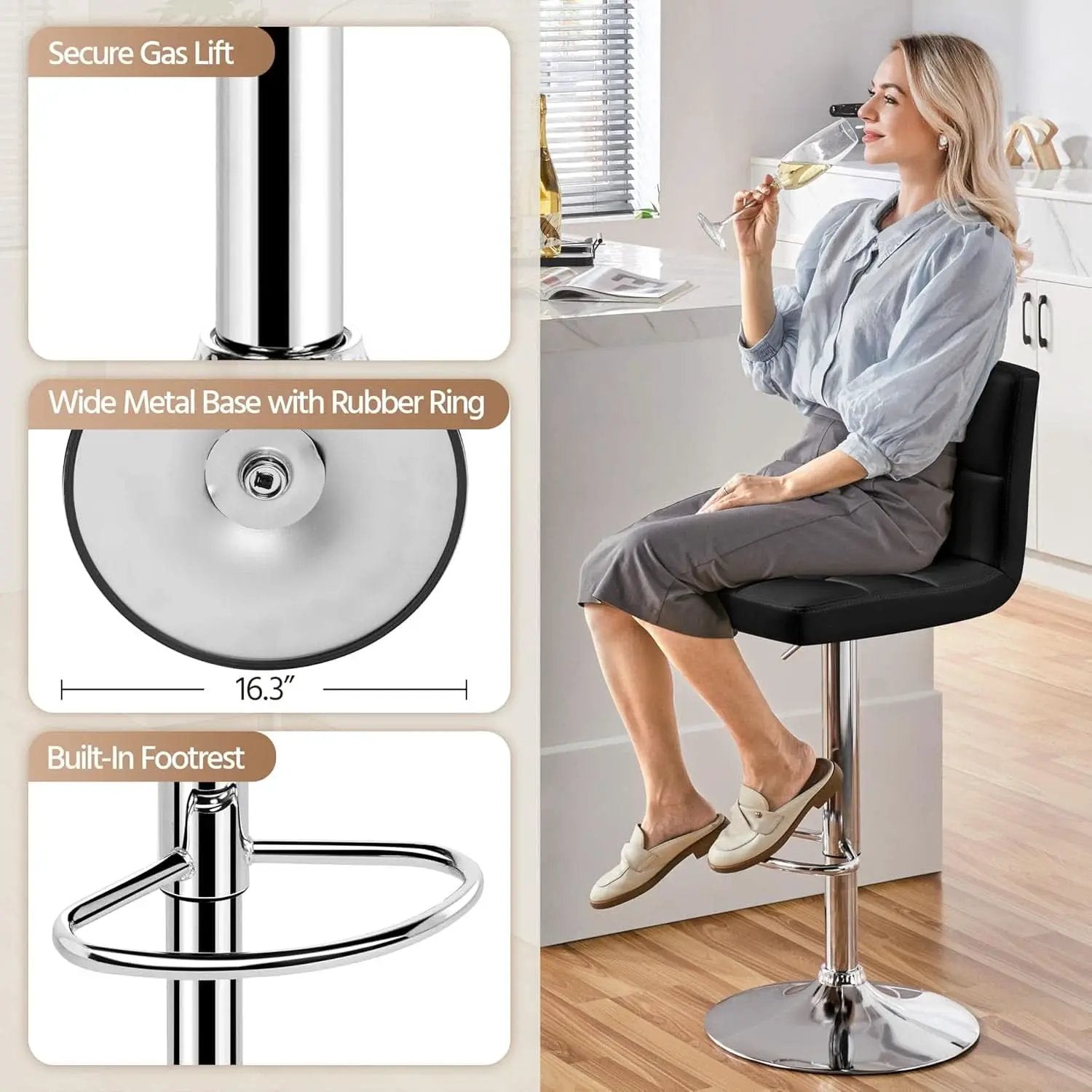 Set Of 2 Adjustable Black PU Leather Swivel Bar Stools from PriceLows™