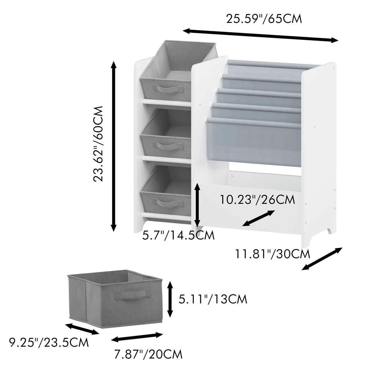 4 Tier Bookshelf | 3 Collapsible Fabric Drawers | White