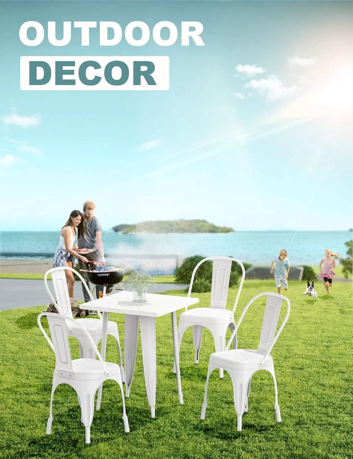 Tolix Style Metal Dining Chair White Stackable Set Of 4 from PriceLows™