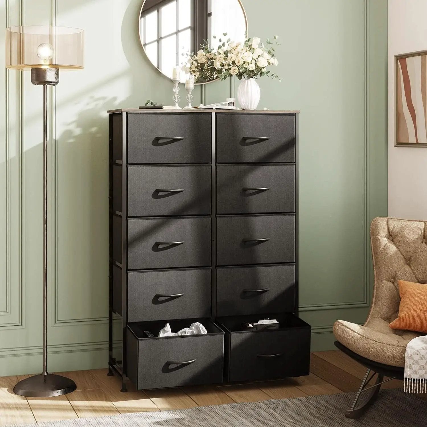Tall Black Dresser With 10 Drawers And Fabric Bins Storage Organizer from PriceLows™
