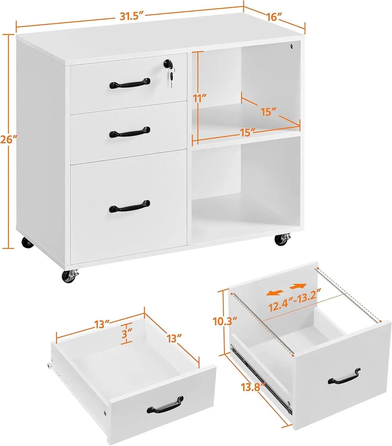3 Drawer File Cabinet White Mobile Lateral Filing Cabinet With Lockable Top Drawer And Open Shelves For Home Office from PriceLows™