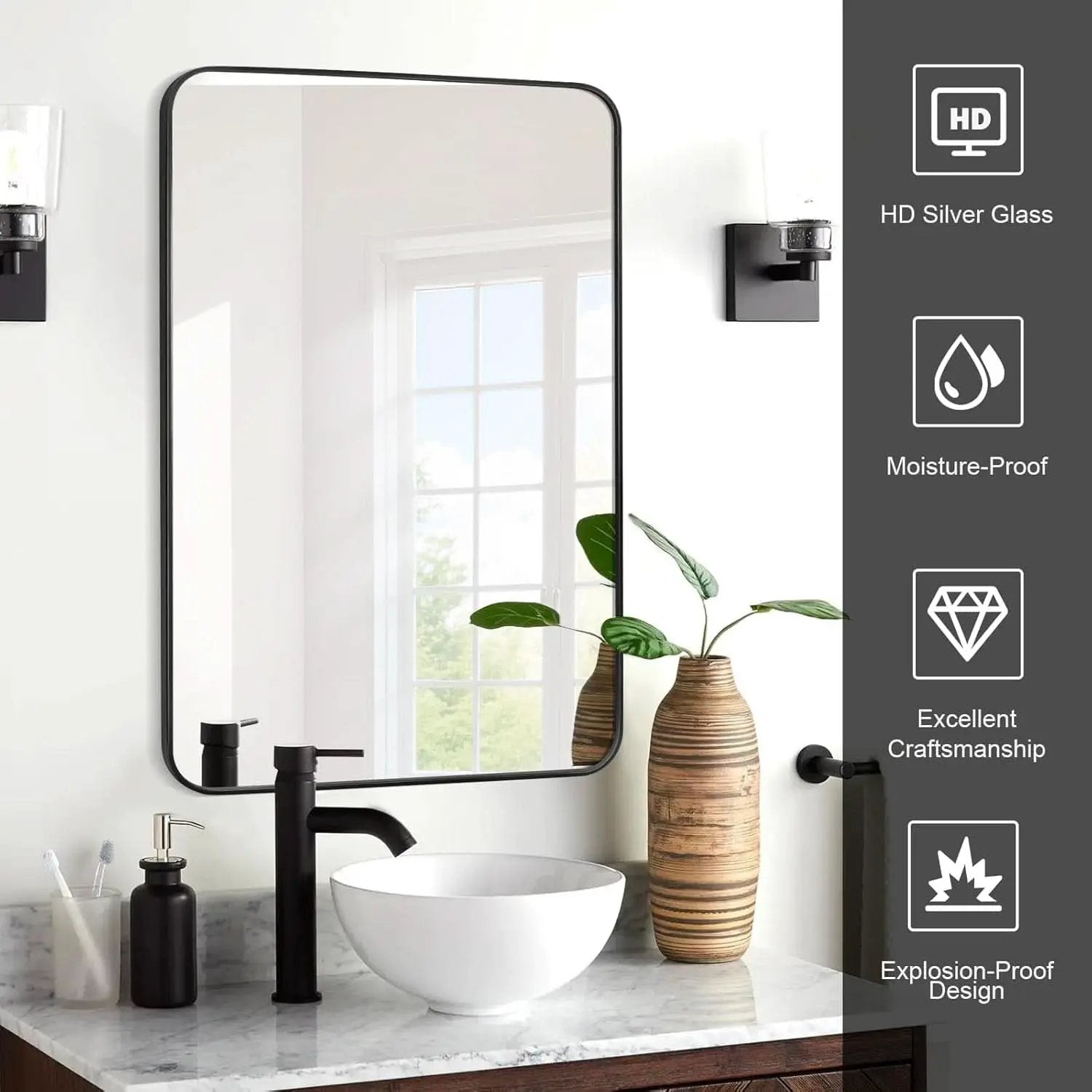 24x36 Inch Black Rounded Rectangle Bathroom Mirror With Anti Rust Stainless Steel Frame from PriceLows™