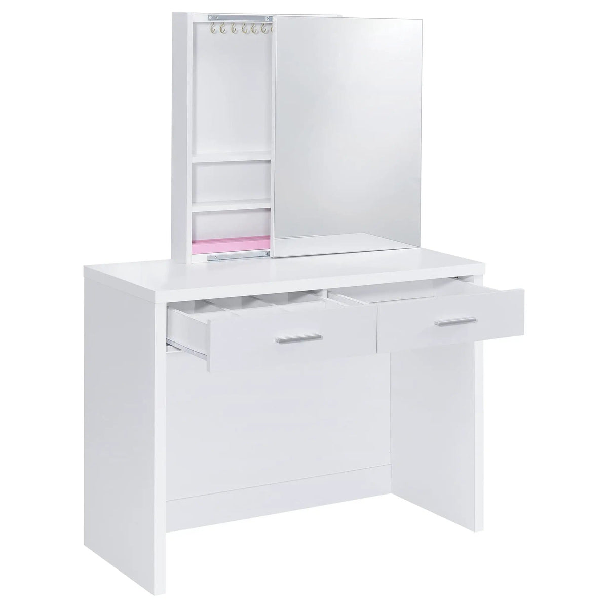 Bunbury Makeup Vanity Table Set Storage Mirror and Stool | 40 x 15.75 x 58.5 in | Engineered Wood & Veneer | White