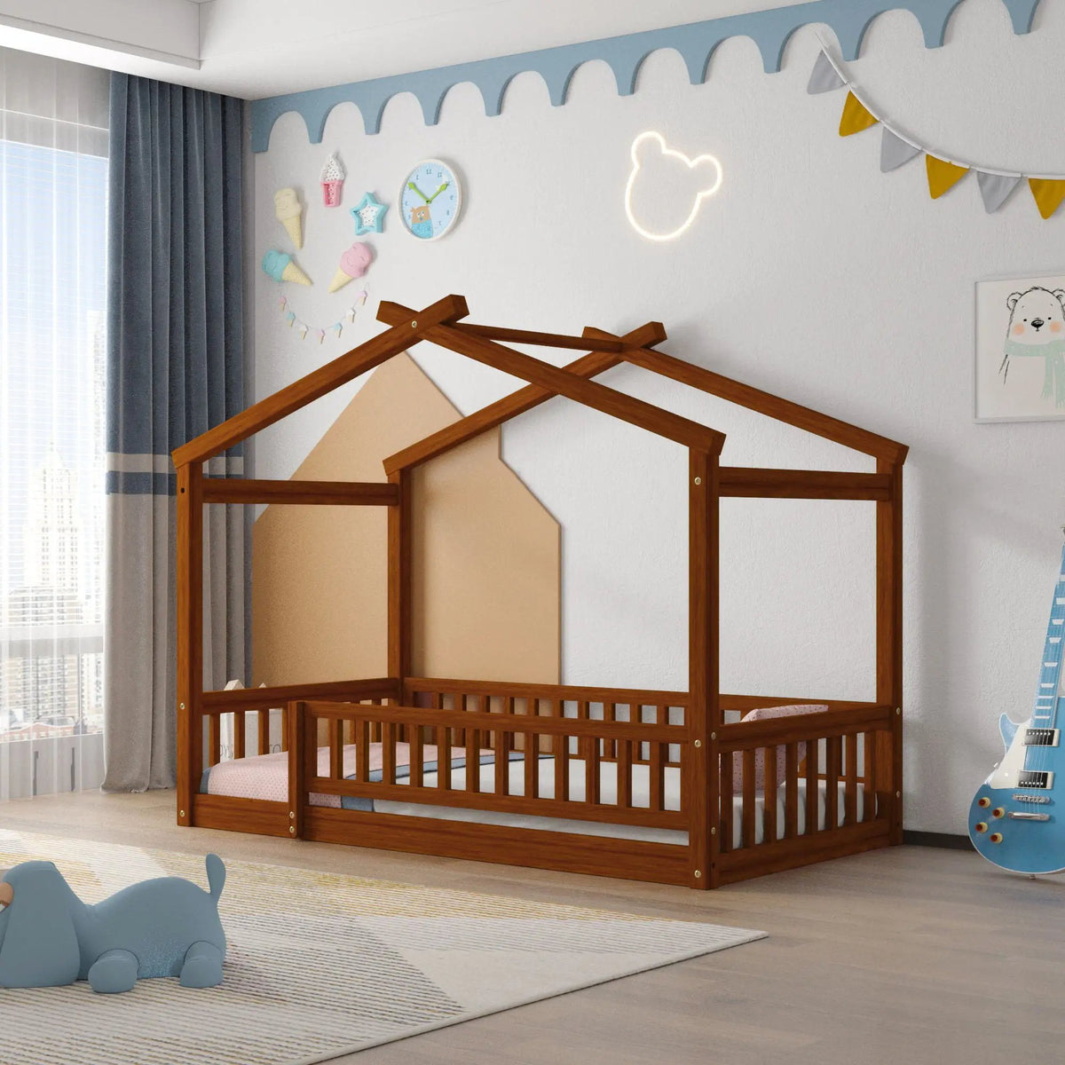 Kids Bed Frame | Playhouse Design | Roof And Fence | Toddler Size