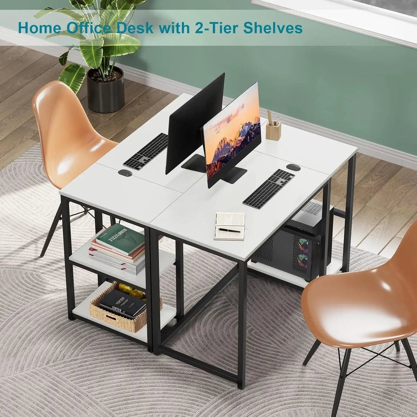 40 Inch White Computer Desk With 2 Tier Shelves Home Office from PriceLows™