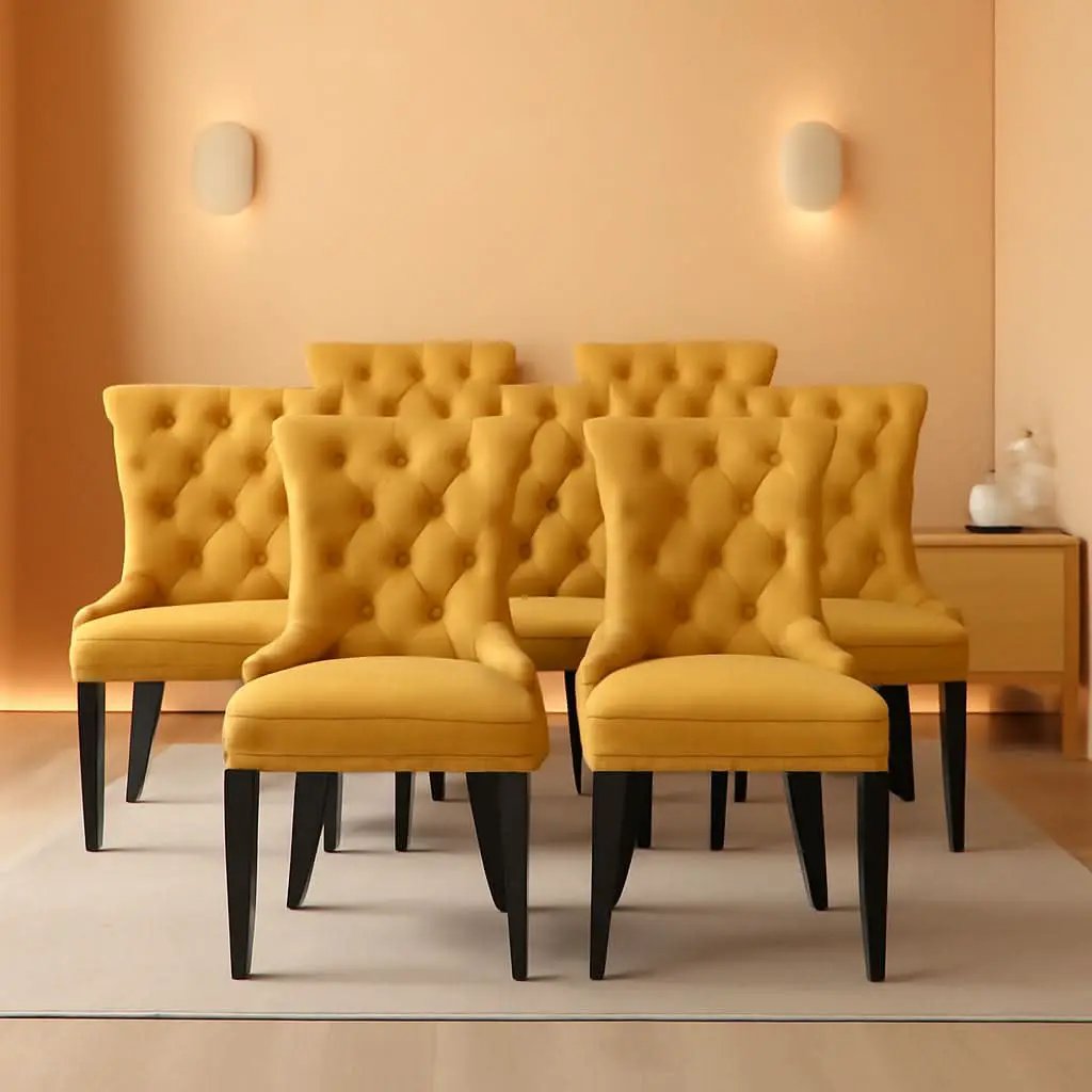 Gold Velvet Tufted Dining Chairs With Ring Pull Trim from PriceLows™