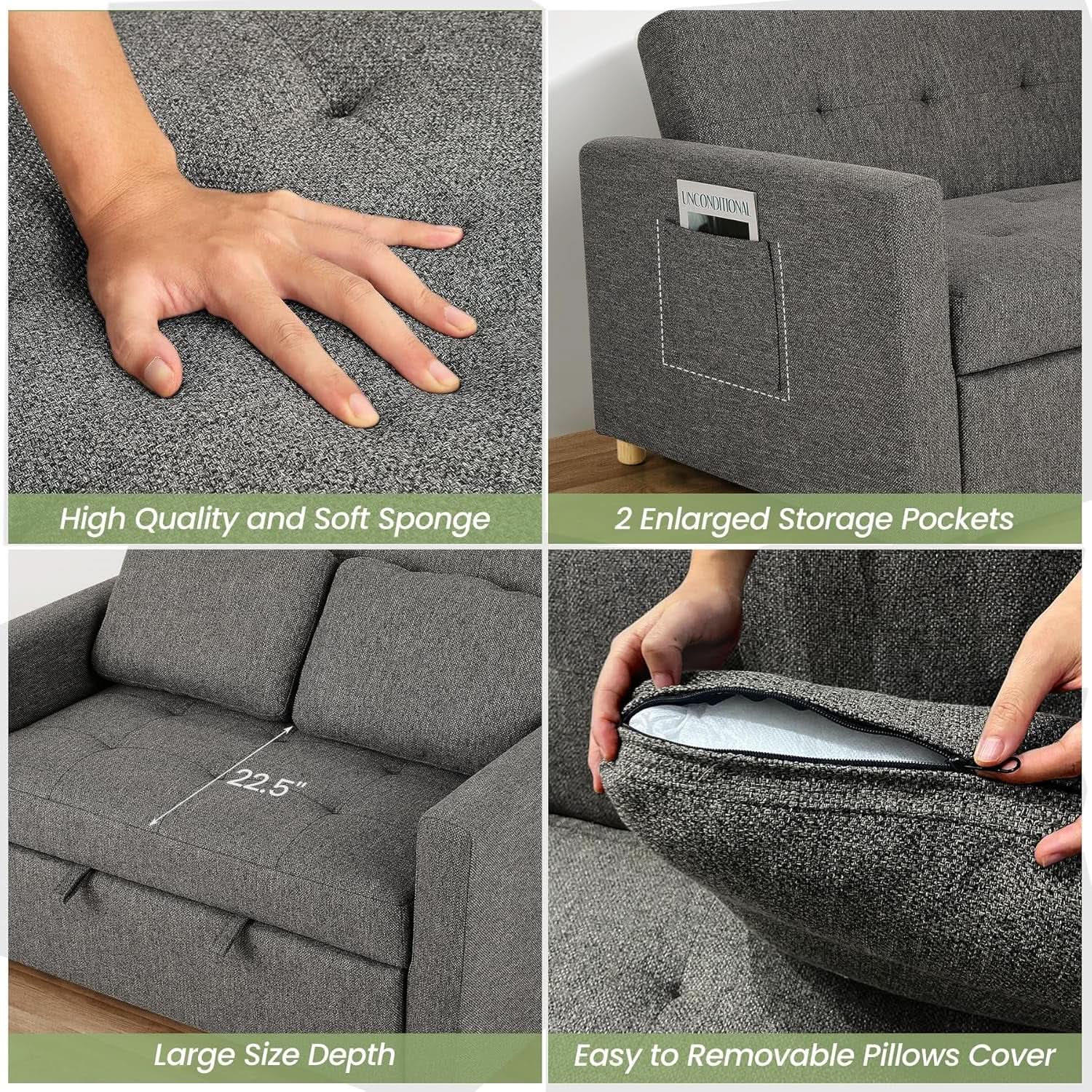 Sleeper Sofa Bed, 3-In-1 Convertible Sofa Chair, Linen Fabric Pull Out Couch Bed, Loveseat Sleeper with Spring Support, Adjustable Backrest, 2 Seater Recliner Chair for Small Space, Dark Grey from PriceLows™