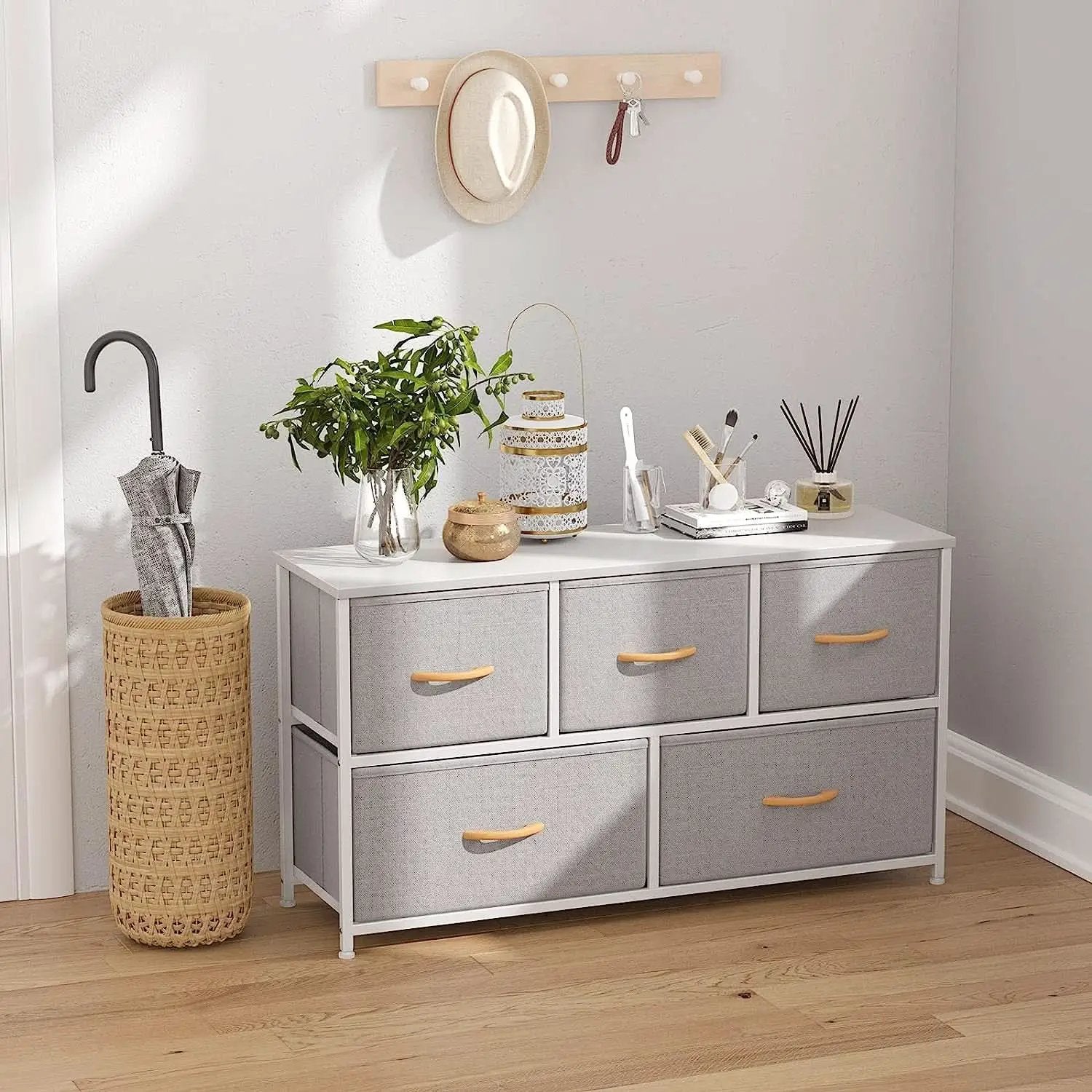 Light Gray 5 Drawer Dresser Tower Unit Small Size Modern from PriceLows™