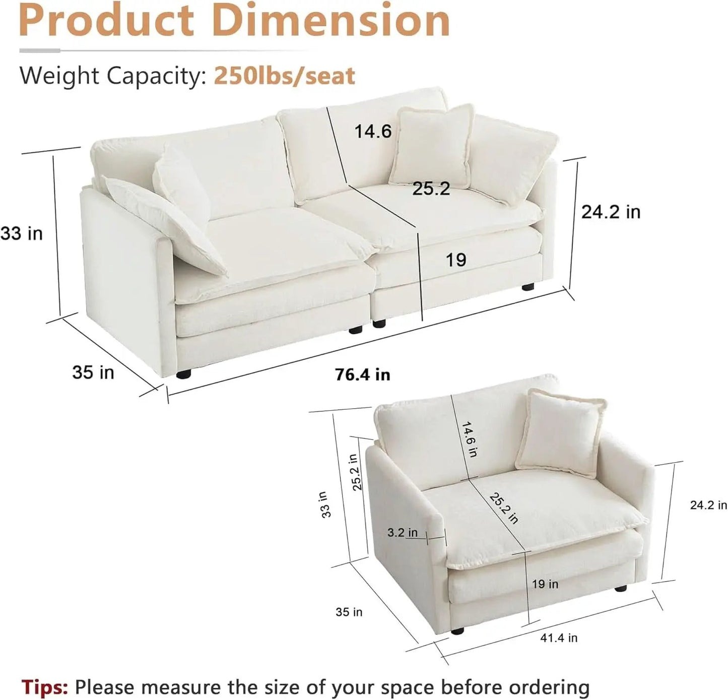 Beige 2 Piece Loveseat Armchair Set Chenille Upholstery from PriceLows™