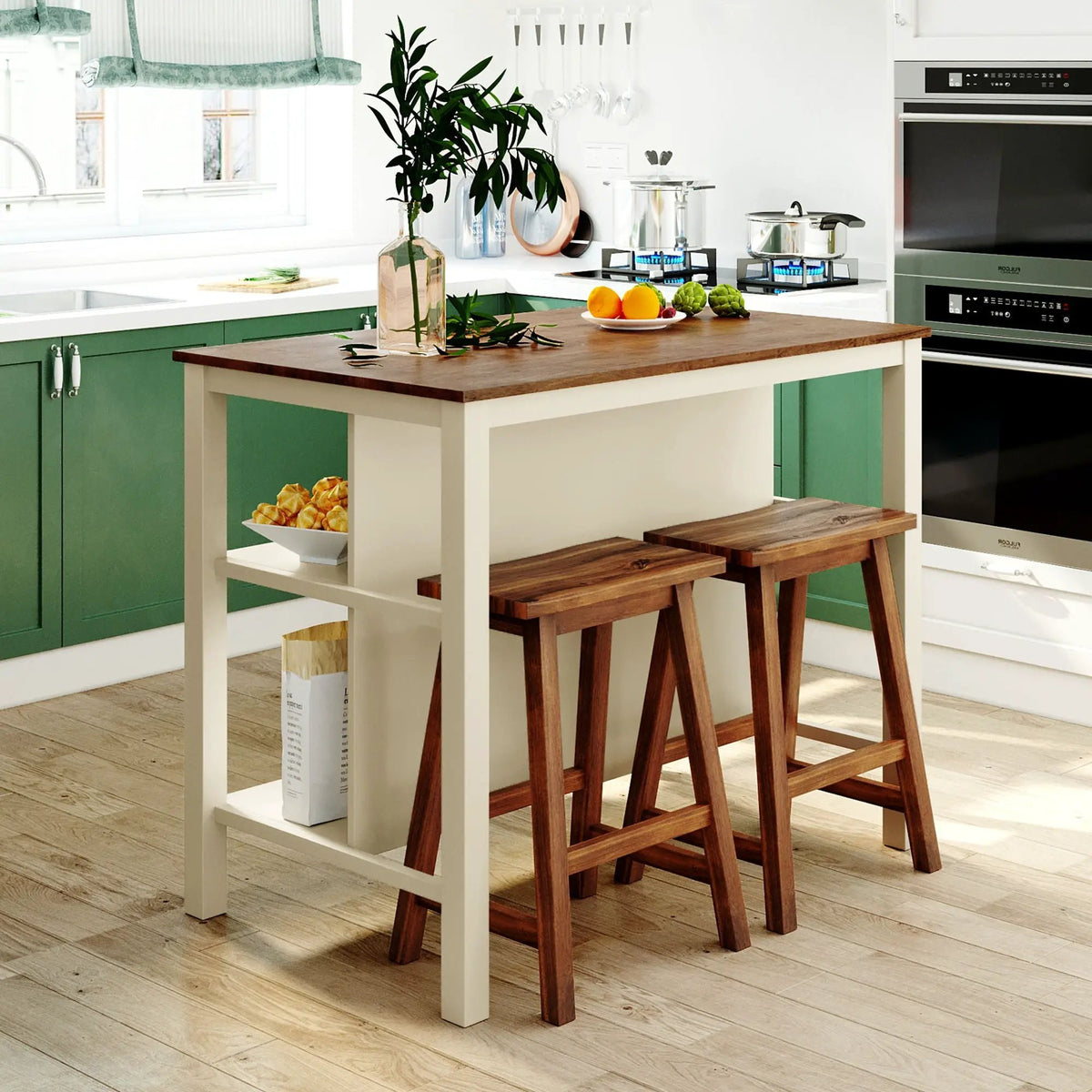 Kitchen Island Set | 3 Piece | Rustic Finish | Solid Rubber Wood
