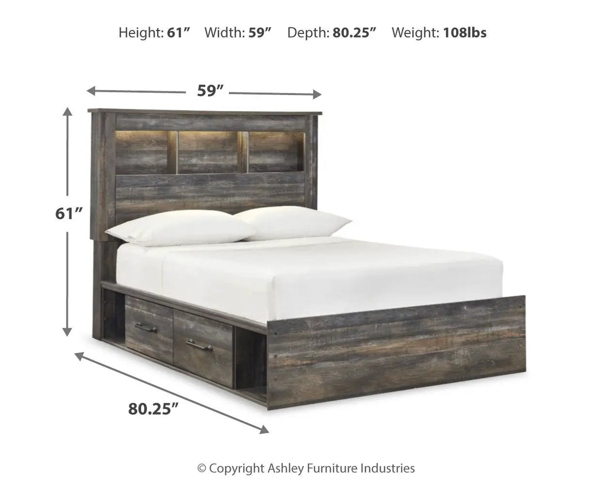 Drystan Panel Bookcase Bed | Storage Headboard | Rustic Industrial Style | 85 Inch Length