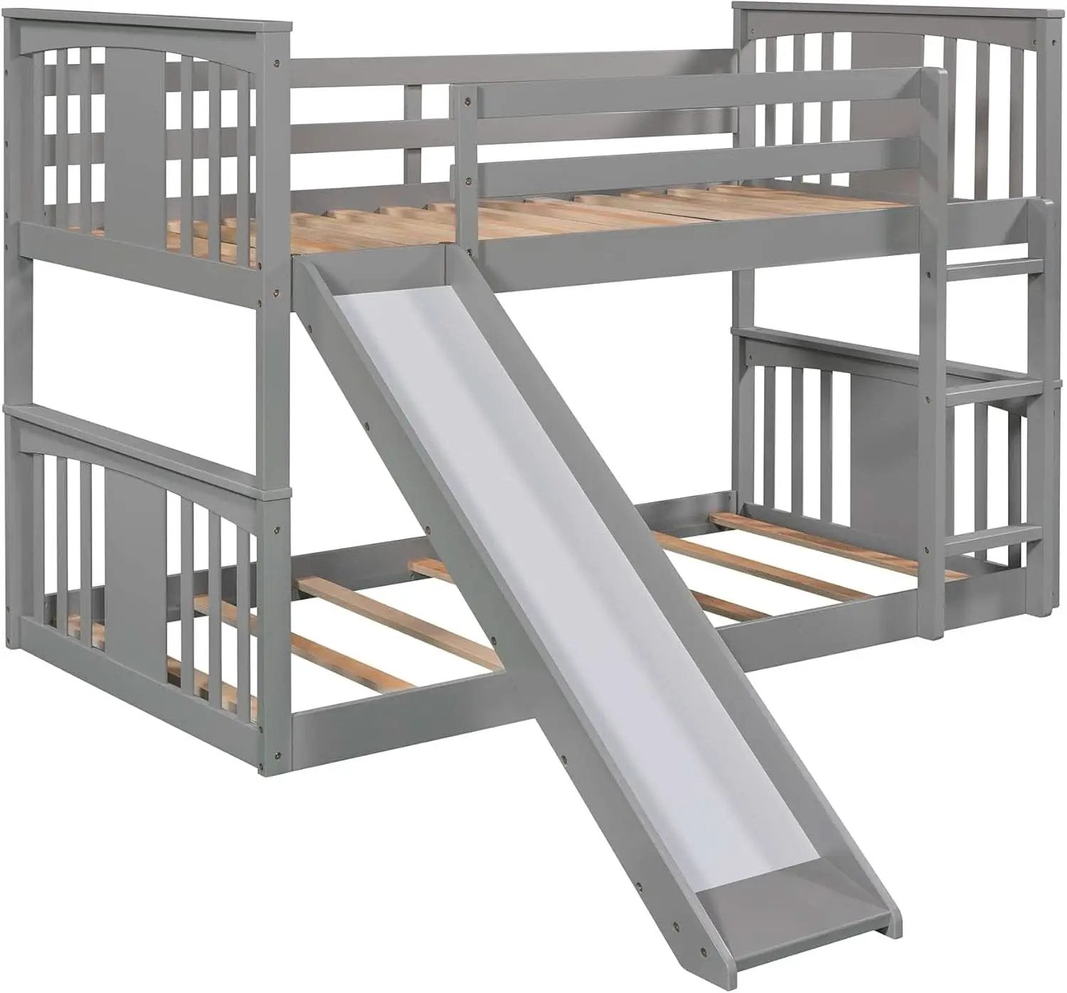 Twin Over Twin Bunk Bed With Slide In Gray For Kids from PriceLows™