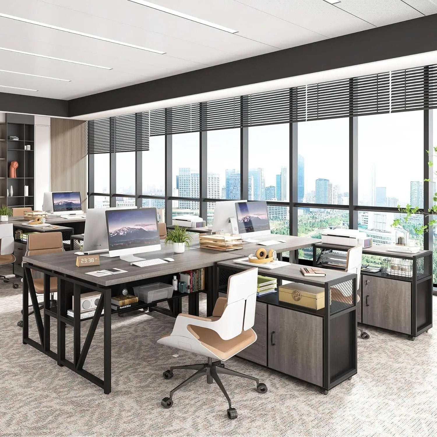 Gray L-Shaped Desk 55 Inch With Storage Cabinet For Office from PriceLows™