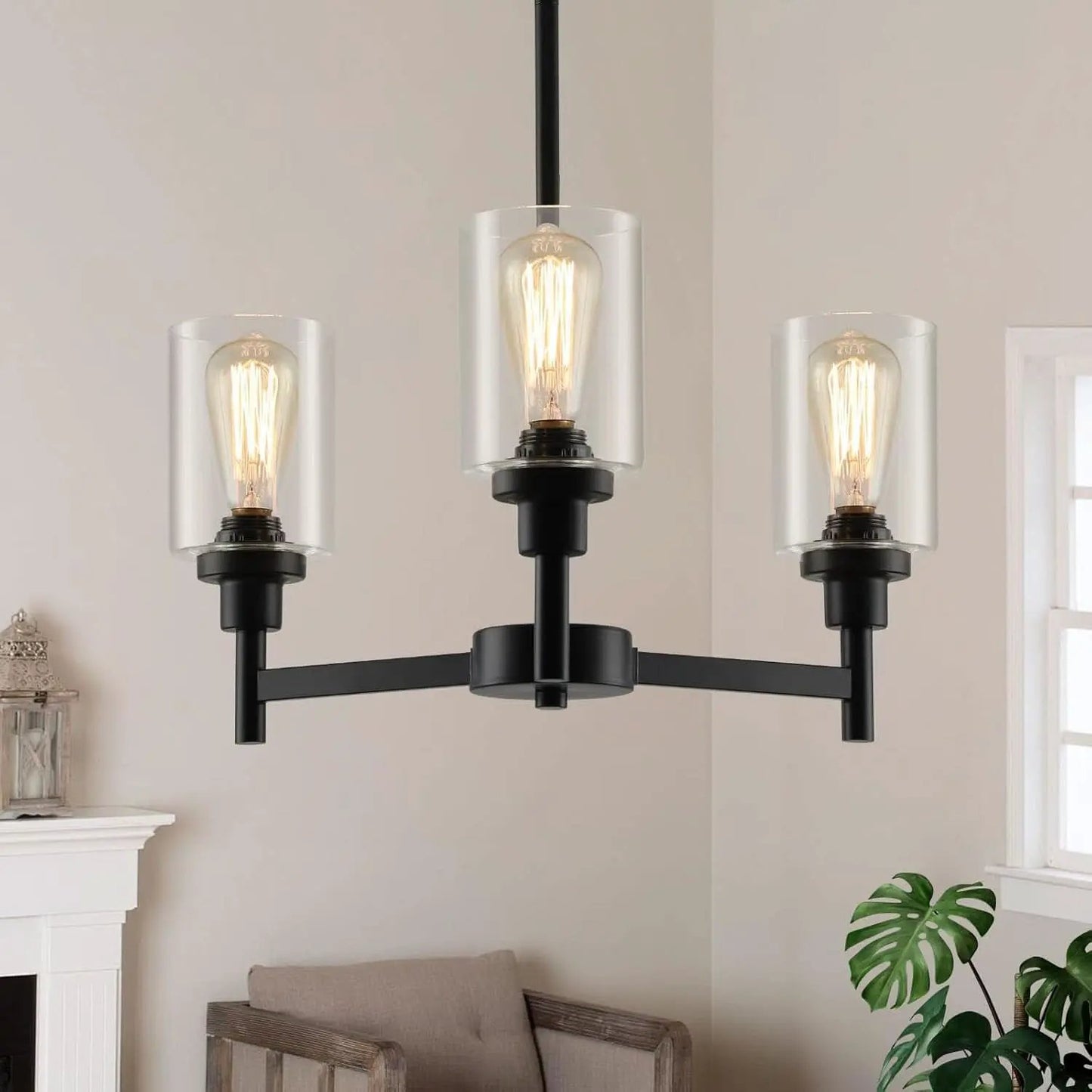 Three Light Black Glass Chandelier For Dining Room And Entryway With Glass Shade from PriceLows™