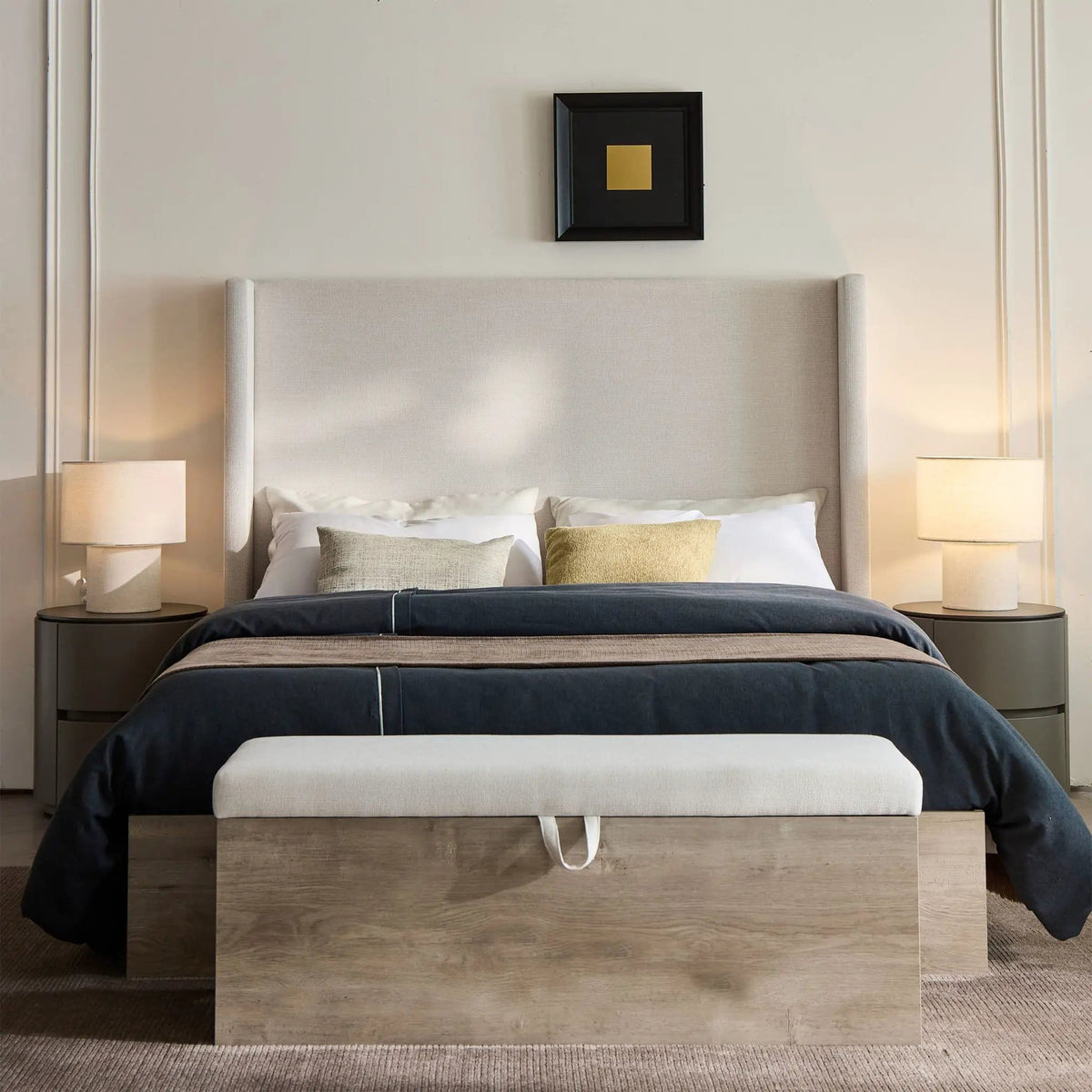 Shelton Queen Upholstered Wingback Bed With 54" High Headboard | 84 x 67.1 x 54 in | Metal | Ivory / Light Gray / Camel Oak
