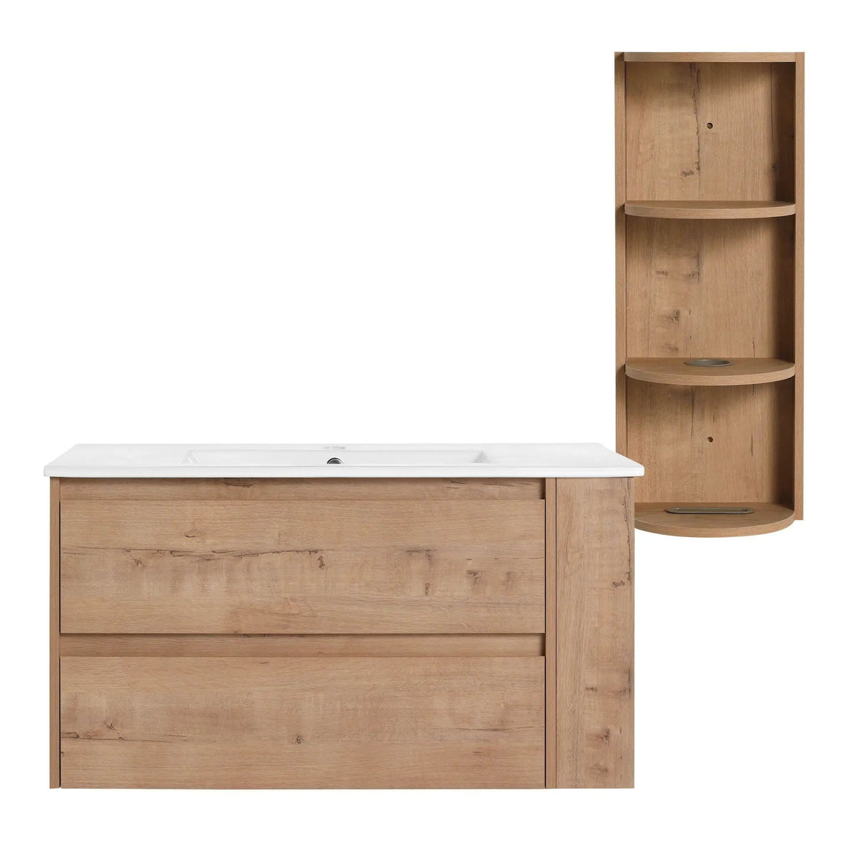 Modern Wall Mounted Bathroom Vanity With Ceramic Sink And Storage Rack, 2 Soft Close | 2 Pieces | Ceramic & Plywood | Bathroom