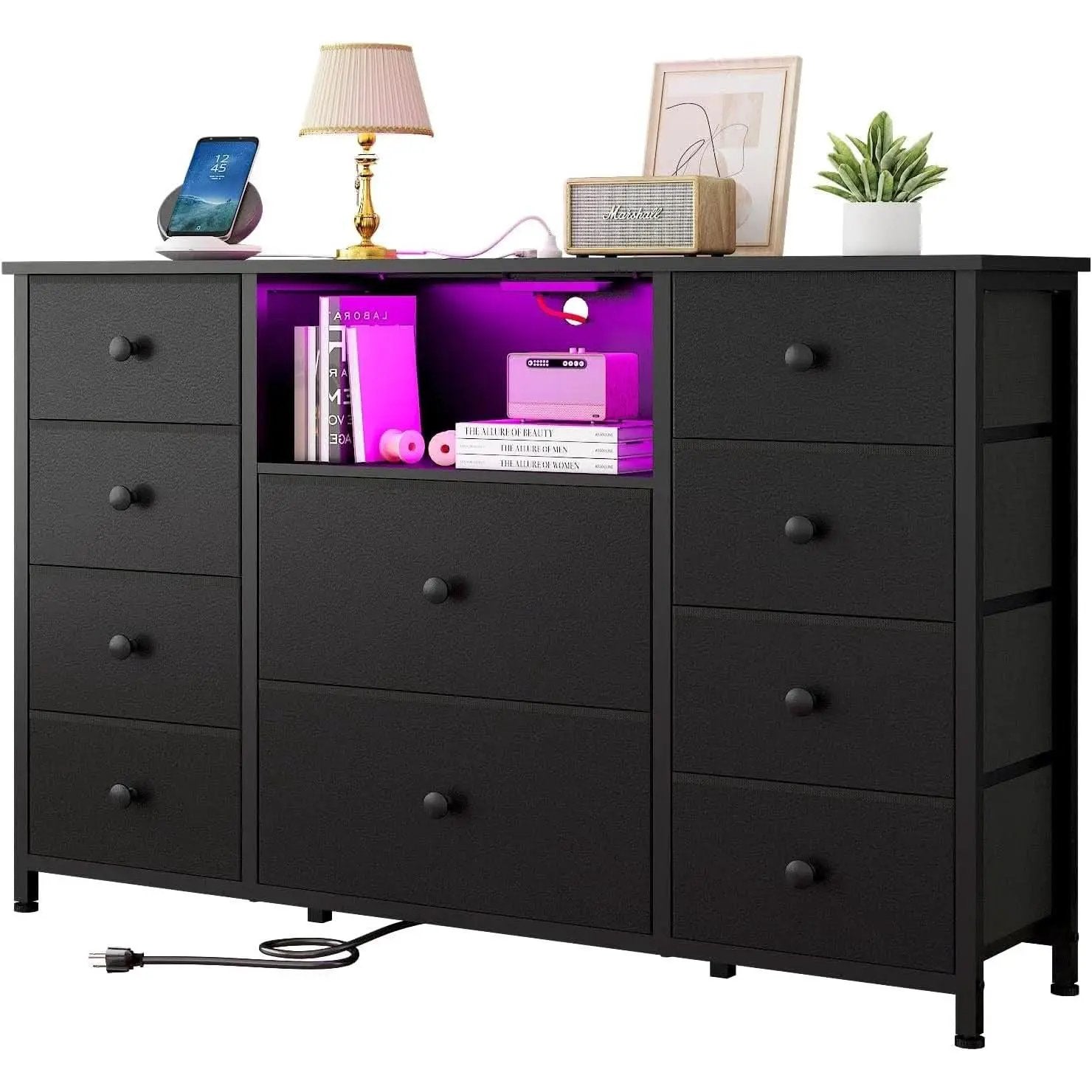 Black Dresser With Charging Station And LED Lights from PriceLows™