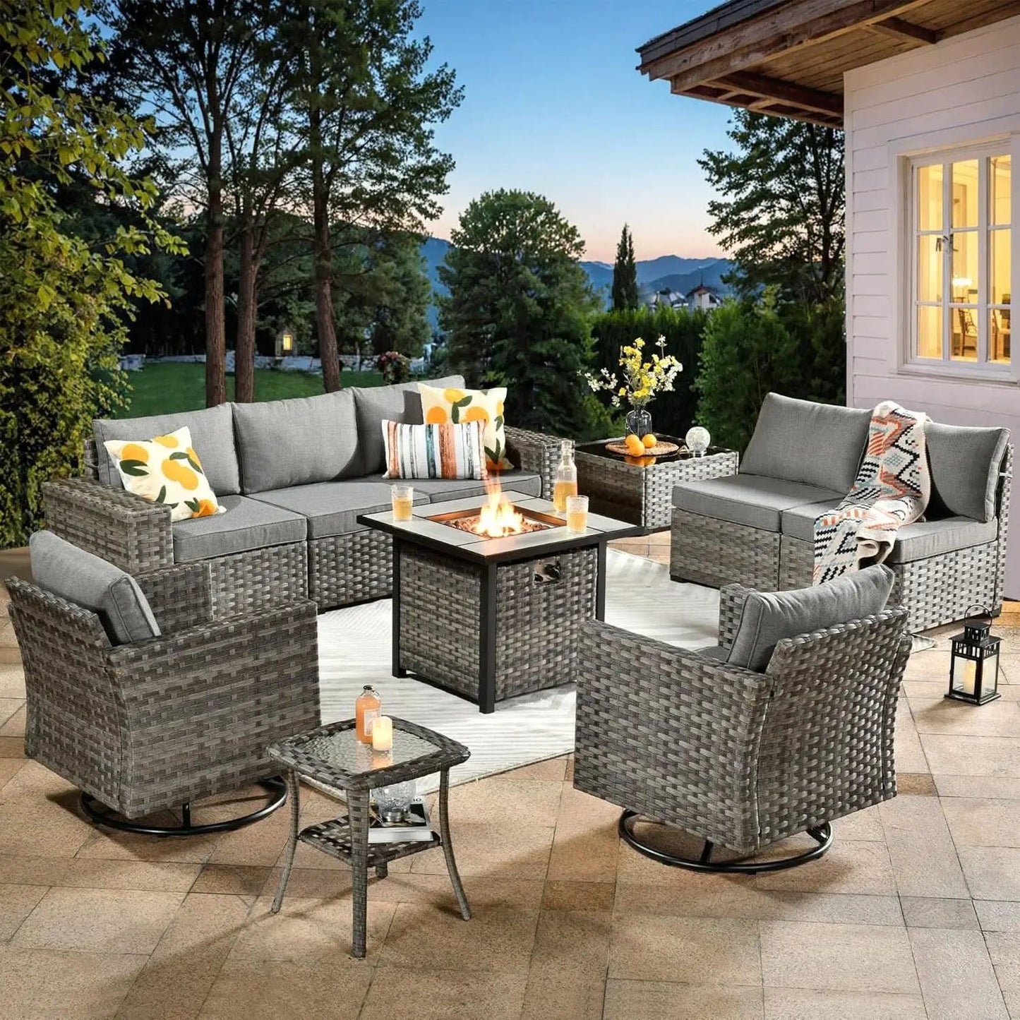 Modular Outdoor Wicker Sofa Set with Fire Pit from PriceLows™