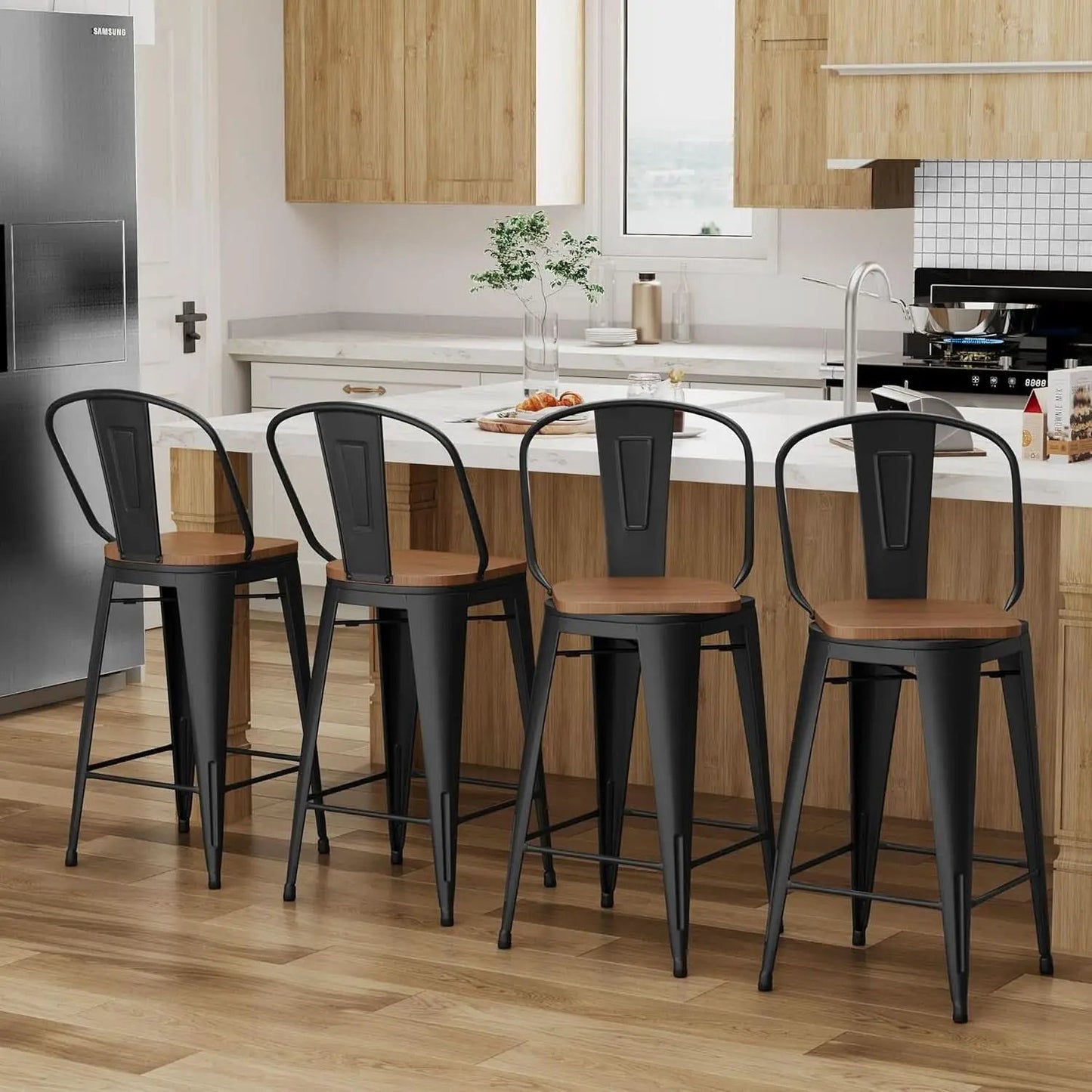 26 Inch Swivel Bar Stools Set Of 4 With Large Wooden Seat Matte Black High Back Design from PriceLows™
