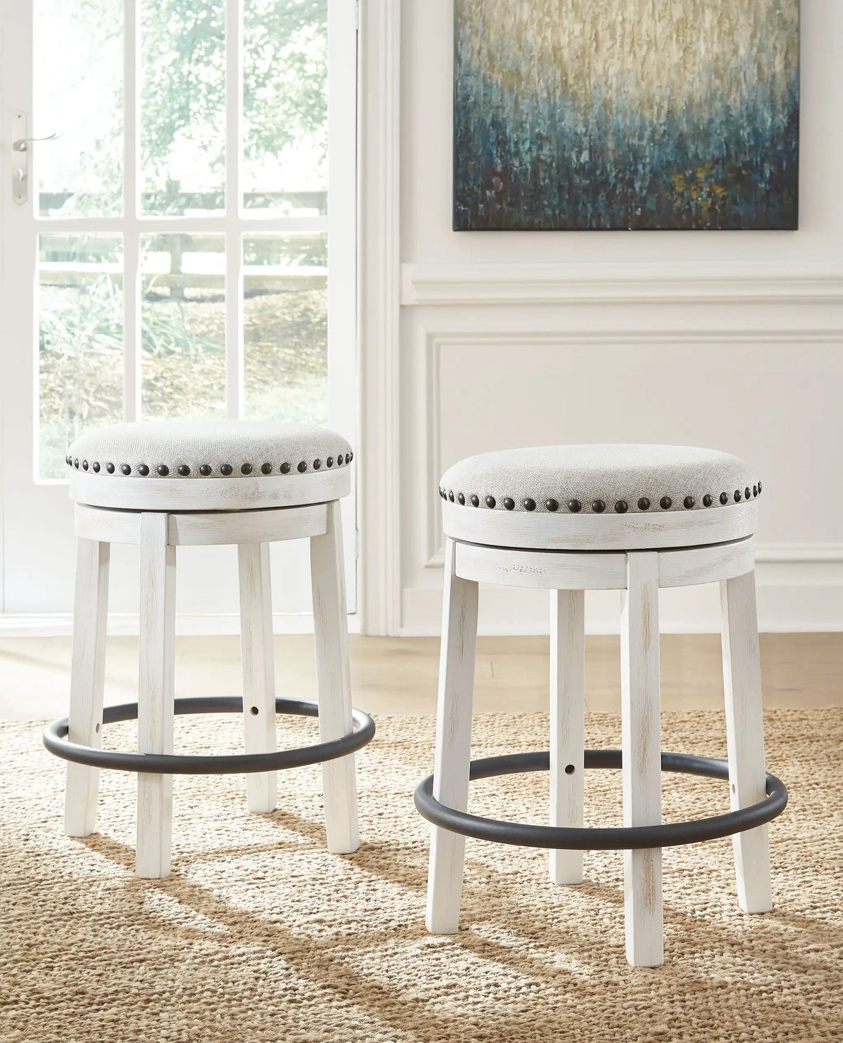 Upholstered Swivel Stool | Nailhead Trim | Cushion Seat