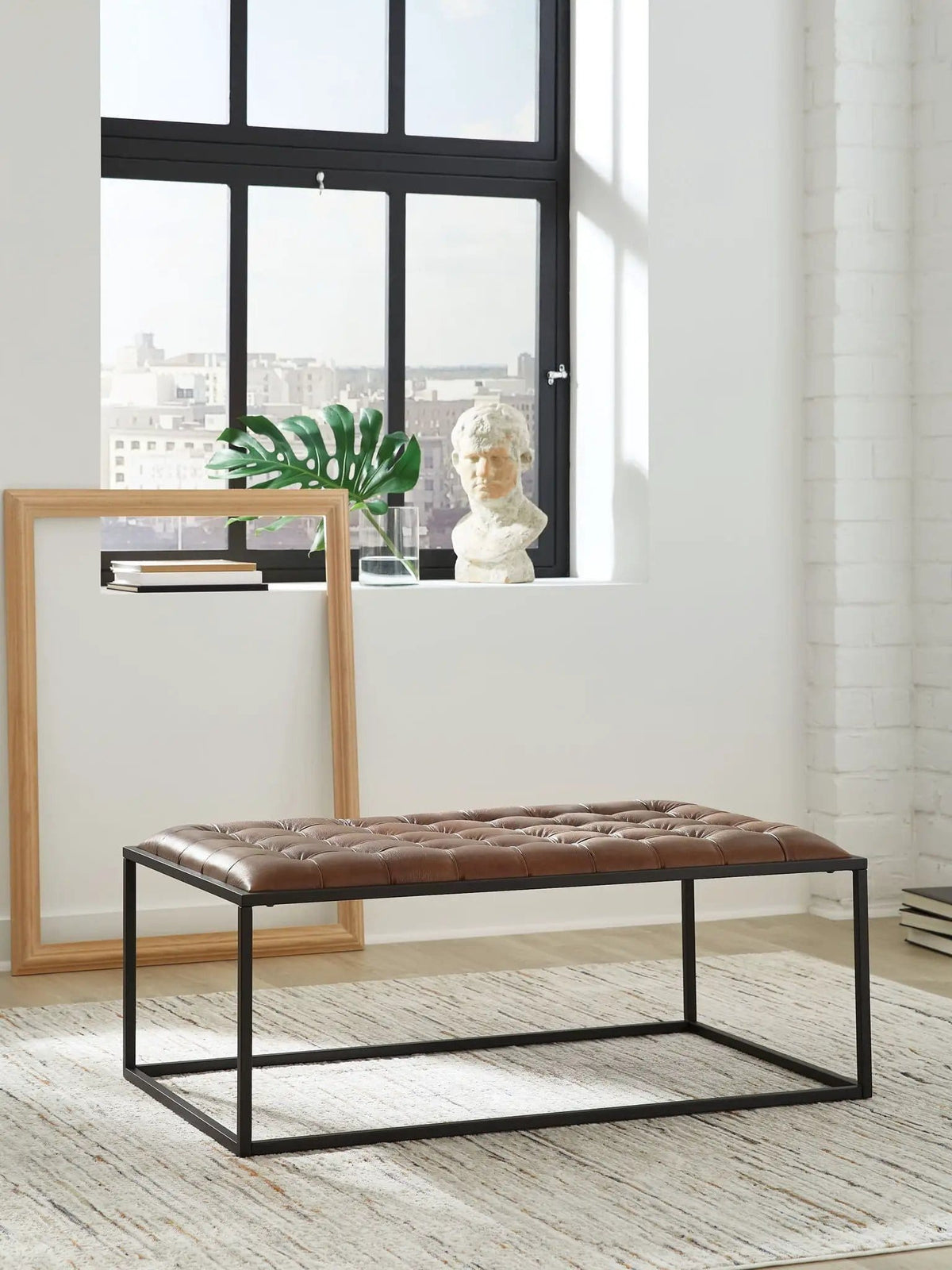Junsor Cocktail Ottoman | 48 x 28 x 19.5 in | Leather & Metal | Brown / Black
