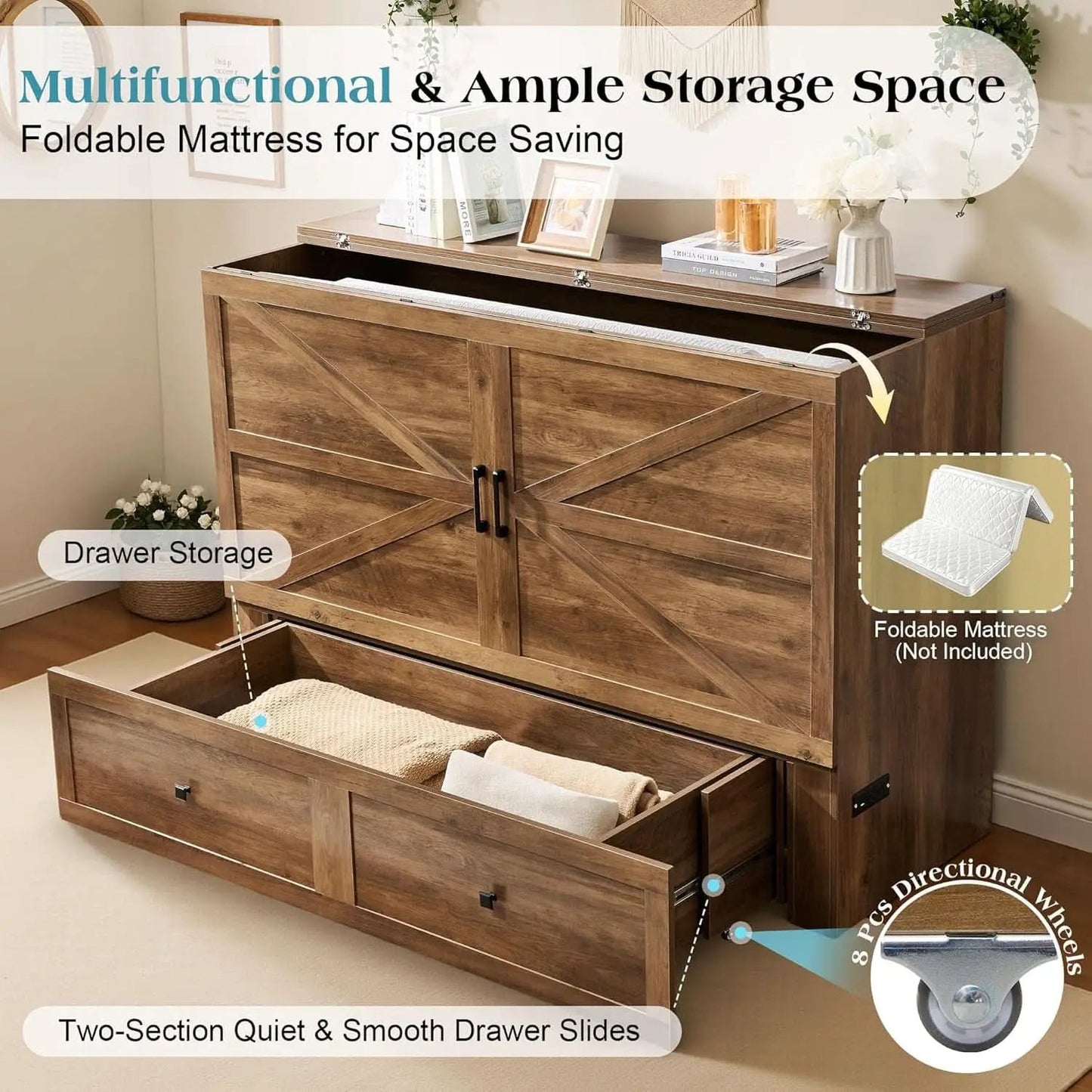 Murphy Bed Barnwood Queen Size Fits Small Spaces In Cabinet from PriceLows™