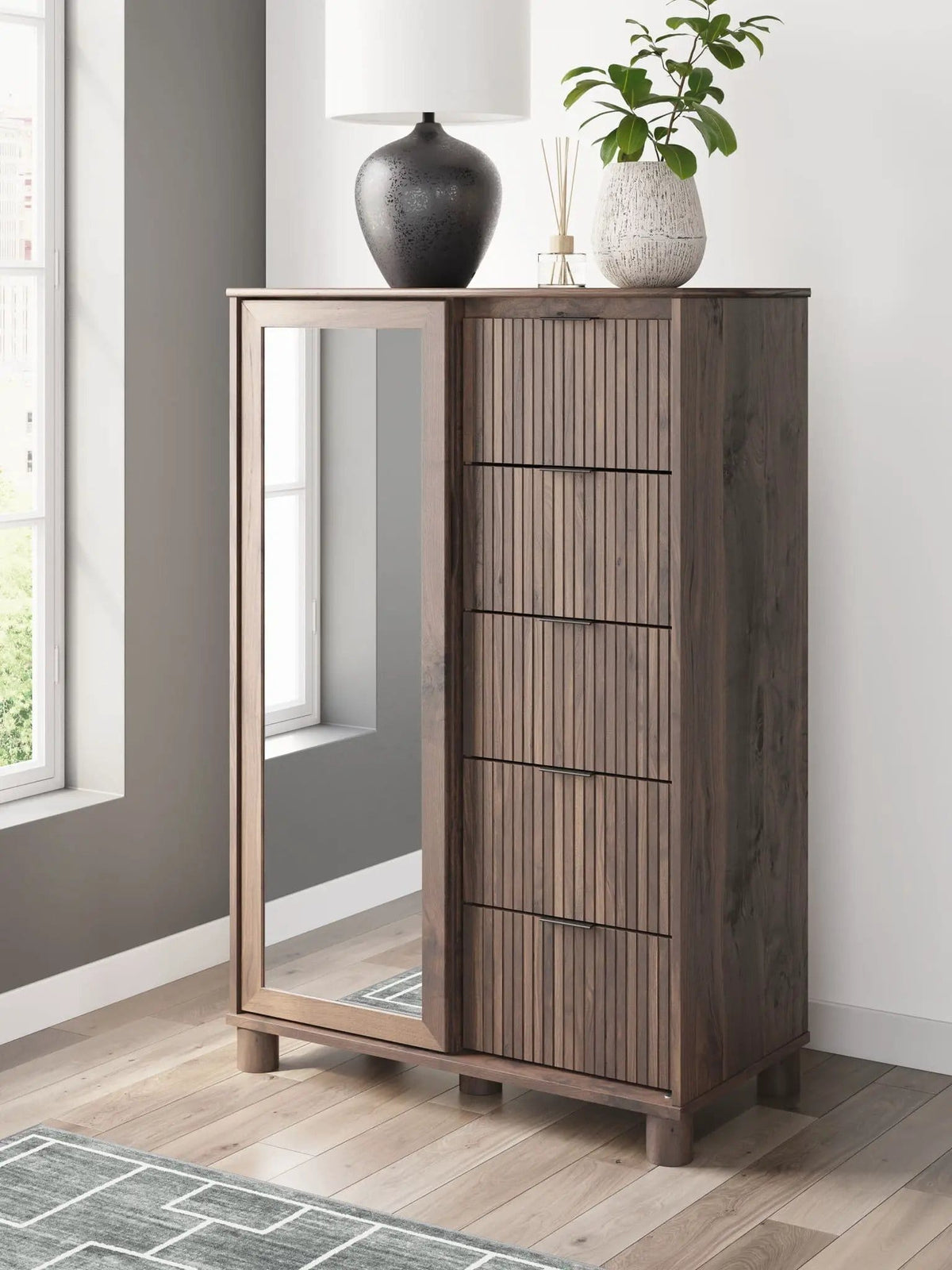 Pamytta Dressing Chest | 36.69 x 18.86 x 55.51 in | Walnut Wood & Linen | Brown