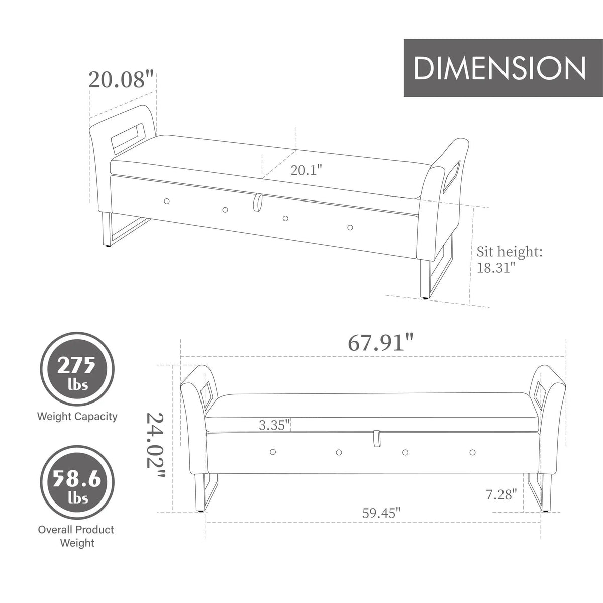 Wide Storage Soft Ottoman Bench With Armrests | Bench Ottoman | Solid Wood & Metal | Living Room