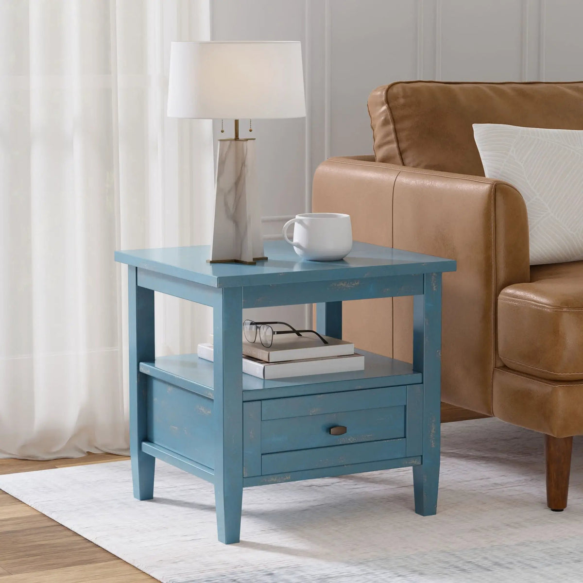 Warm Shaker Solid Wood Table | Bottom Drawer | Open Shelf Storage