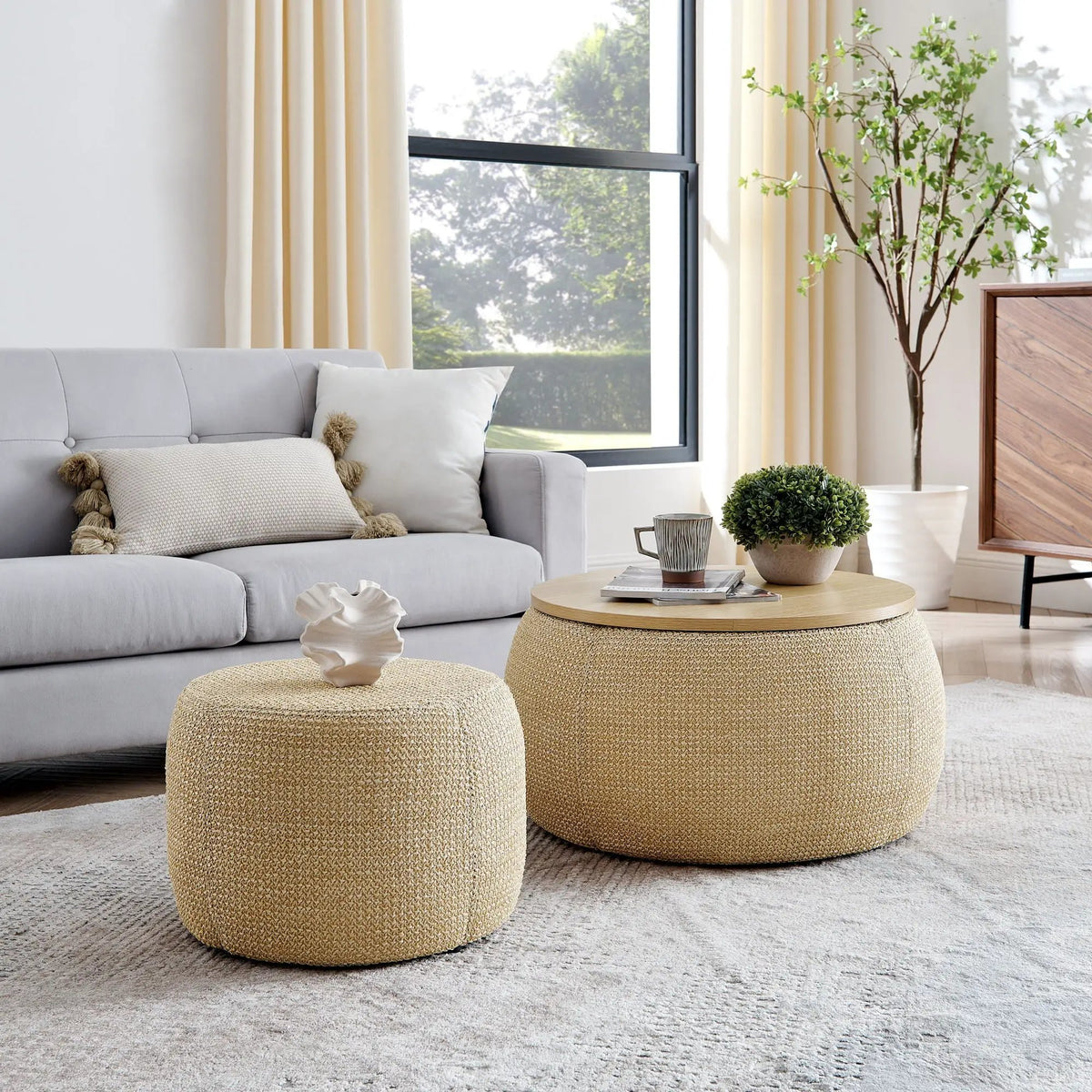 Round Storage Ottoman | Pleated Fabric | Removable Lid