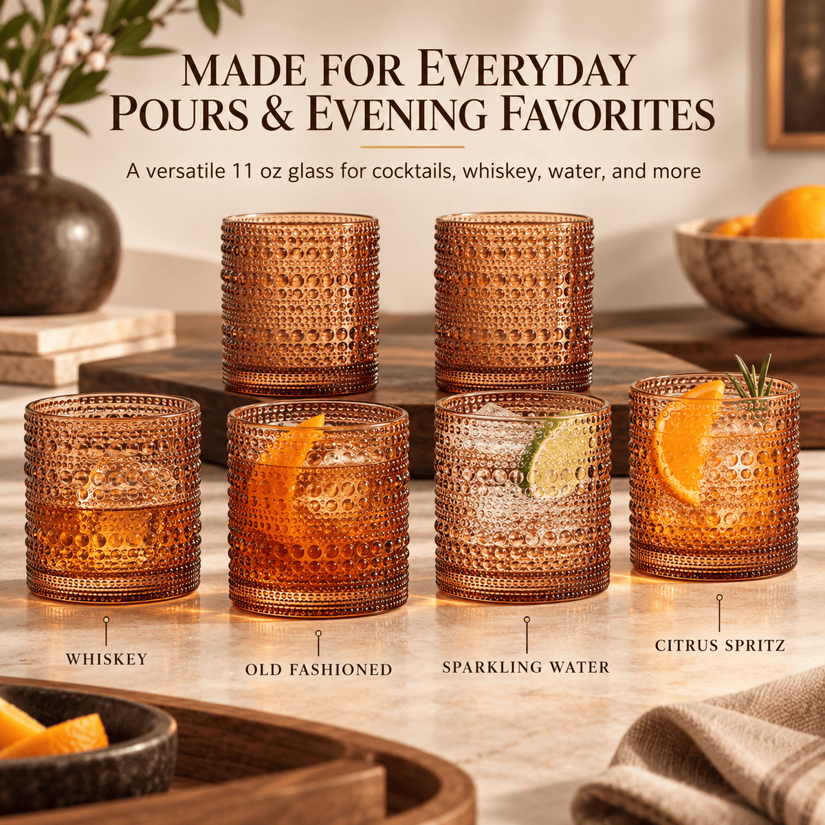 Tonal Hobnail Lowball Glassware | 12 oz | Set of 6 | Entertaining