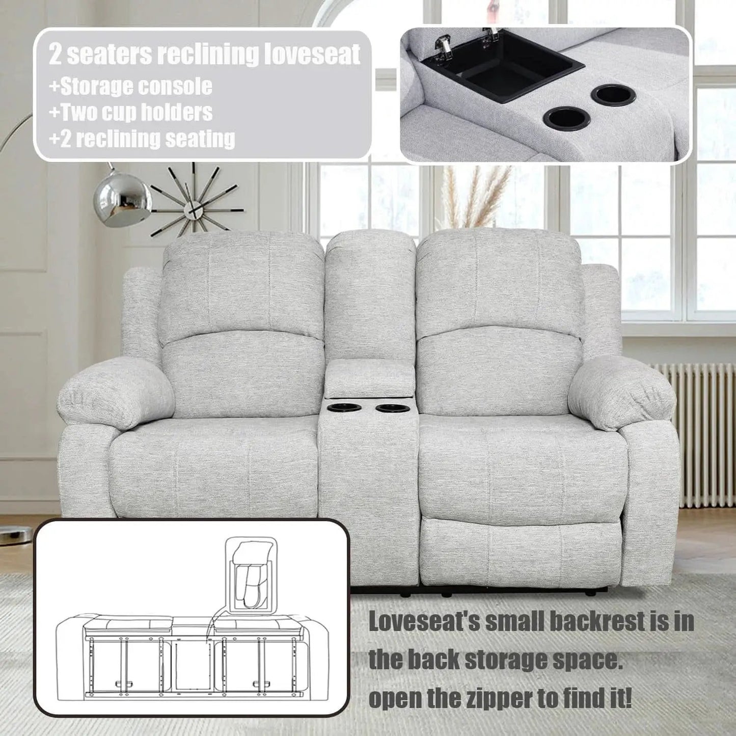 Grey Linen Recliner Sofa Set Featuring Drop Down Table from PriceLows™