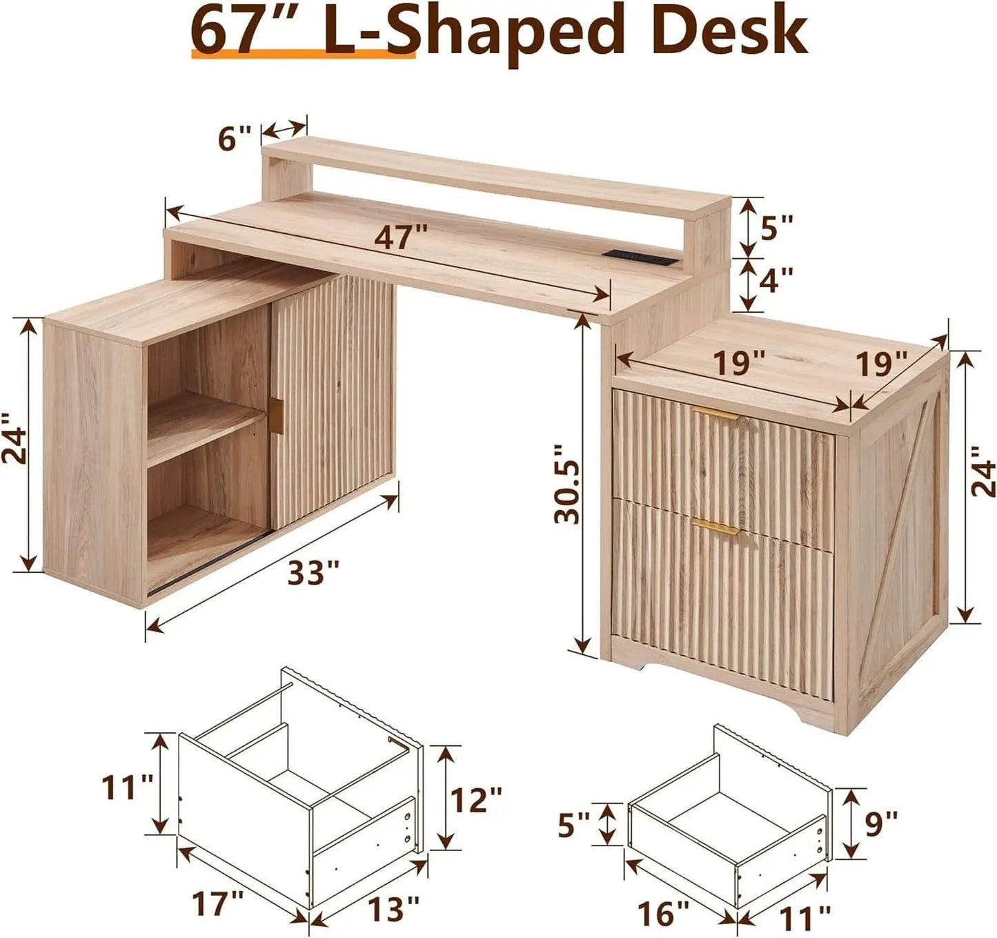 67-Inch L-Shaped Desk With Integrated Power Outlets from PriceLows™