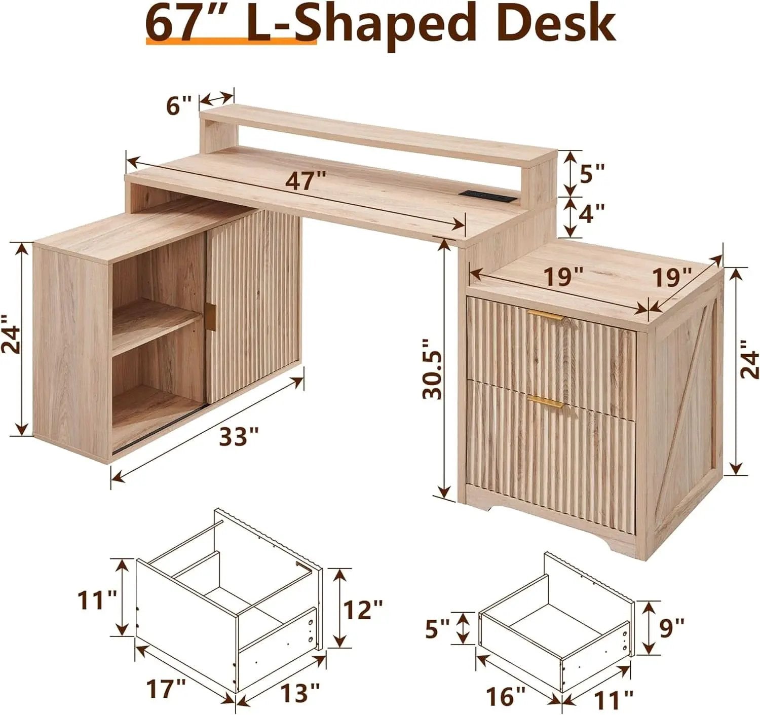 67-Inch L-Shaped Desk With Integrated Power Outlets from PriceLows™