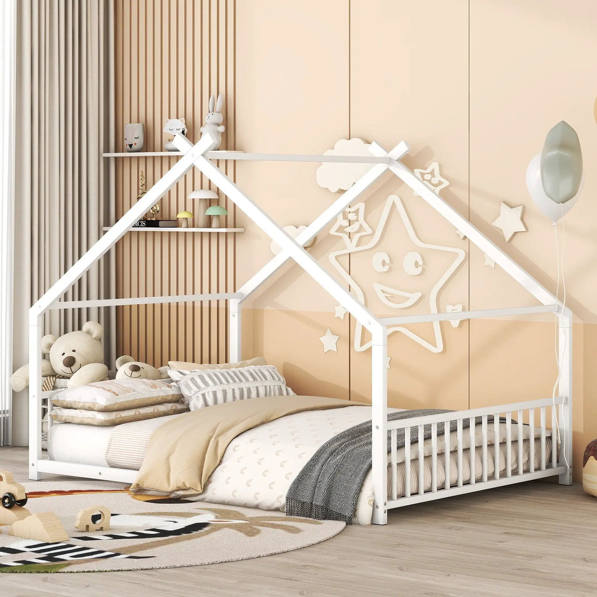 Metal House Bed | Roof Design | Semi-Enclosed Play Space | Contemporary Neutral Finish
