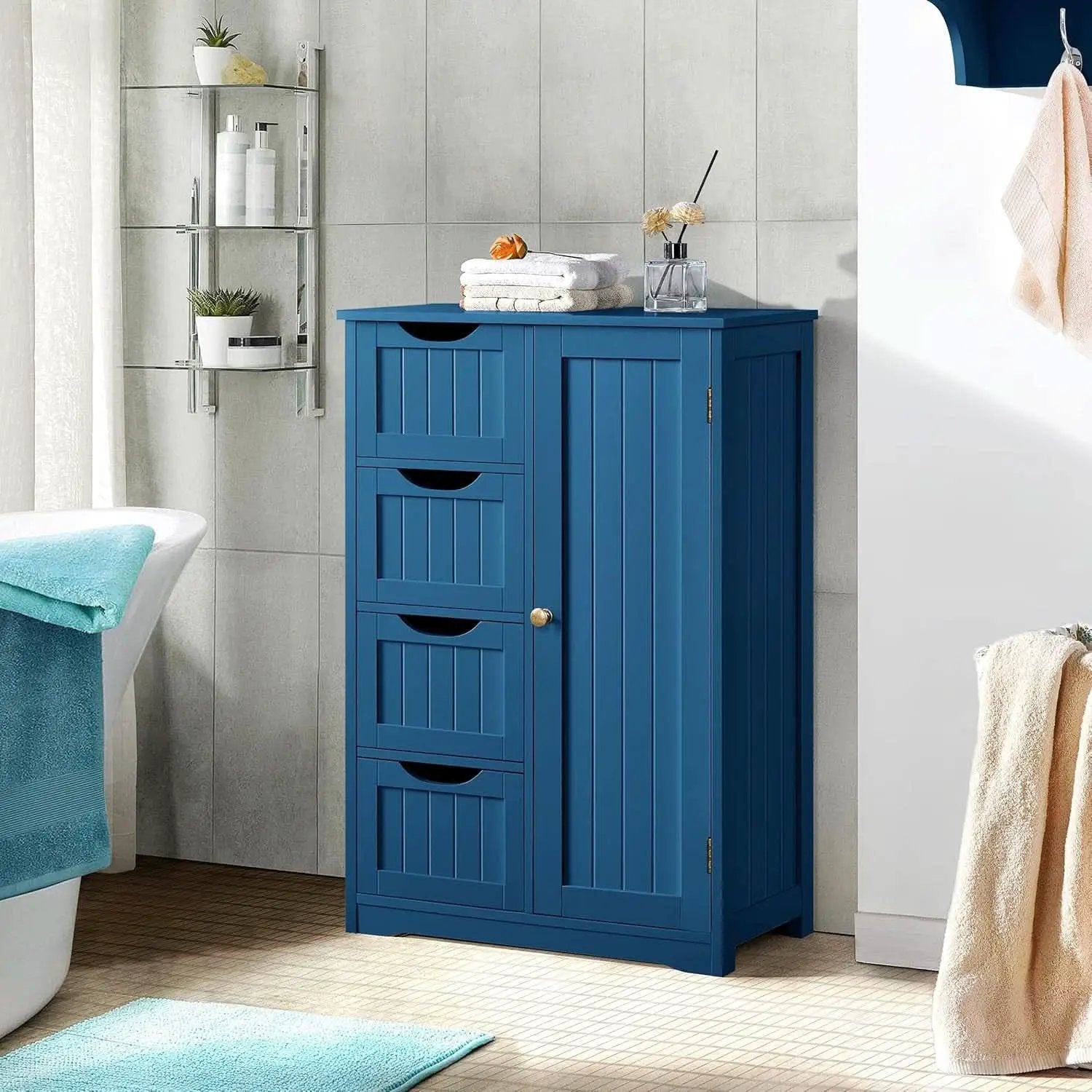 Navy Blue Wooden Bathroom Floor Cabinet With 4 Drawers And Cupboard from PriceLows™