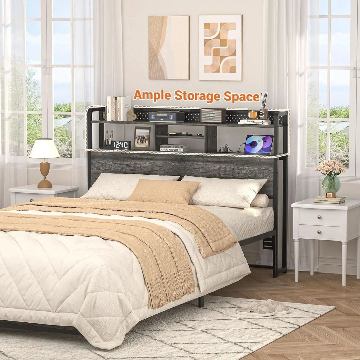 Queen Size Headboard With Storage Shelf And USB Ports from PriceLows™